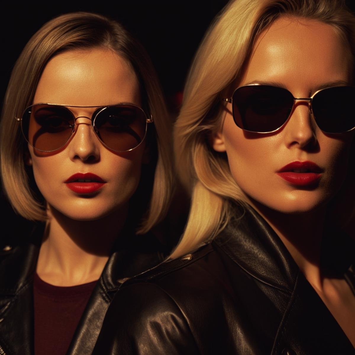 cinematic film still of  <lora:Split Diopter style:1>Split image focus of a closeup of a 1970's woman looking at camera with another mysterious blonde woman with a leather jacket and black sunglasses in backgroun in a dark room,Split Diopter style,1girl,solo,long hair,looking at viewer,blonde hair,parted lips,sunglasses,reflection,realistic,red lips,nearsighted,farsighted,split,split focus,focus,sharp focus,deep focus,Split focus,split screen , artistic, Kodak, dramatic light, dramatic shadow light, contrast, saturated color, cinematic, filmic, motion picture, realistic, realism, perfection, perfect, deep focus, clean image, wide screen, detailed image, cinematic, deep space composition, shallow depth of field, vignette, highly detailed, high budget, bokeh, cinemascope, moody, epic, gorgeous, film grain, grainy