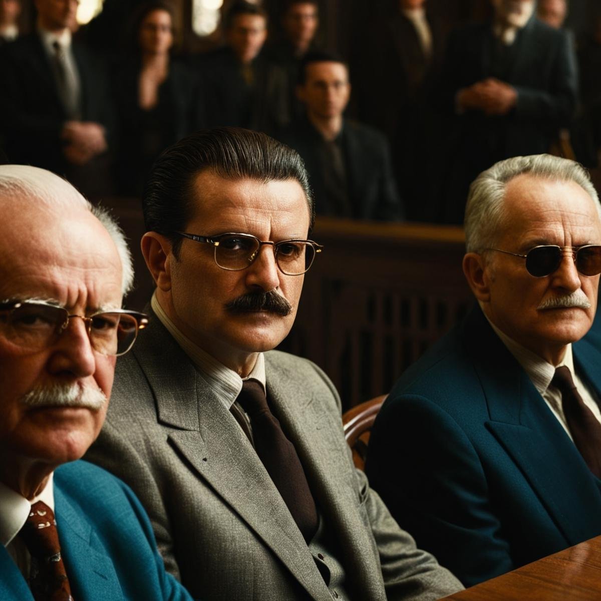 cinematic film still of  <lora:Split Diopter style:1>Split image focus of closeup of profile view of three old men sitting at a court table with glasses on next to other group people in background,Split Diopter style,brown hair,shirt,black hair,male focus,multiple boys,necktie,glasses,facial hair,formal,sunglasses,suit,6+boys,realistic,mustache,bald,old,old man,nearsighted,farsighted,split,split focus,focus,sharp focus,deep focus,Split focus,split screen , artistic, Kodak, dramatic light, dramatic shadow light, contrast, saturated color, cinematic, filmic, motion picture, realistic, realism, perfection, perfect, deep focus, clean image, wide screen, detailed image, cinematic, deep space composition, shallow depth of field, vignette, highly detailed, high budget, bokeh, cinemascope, moody, epic, gorgeous, film grain, grainy