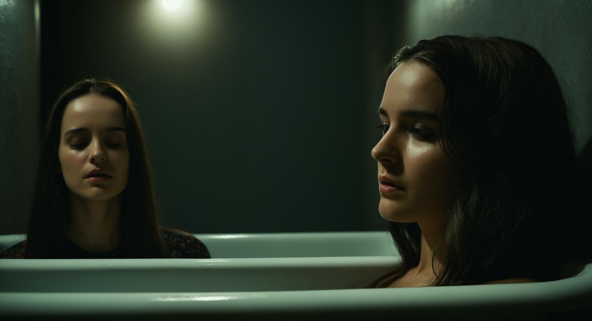 cinematic film still of  <lora:Split Diopter style:1>Split image focus of a closeup of a woman looking down at something next to another woman sitting in a bathtub in background in a dark room,Split Diopter style,1girl,long hair,brown hair,shirt,black hair,1boy,sitting,closed eyes,male focus,pants,black pants,bathtub,nearsighted,farsighted,split,split focus,focus,sharp focus,deep focus,Split focus,split screen , artistic, Kodak, dramatic light, dramatic shadow light, contrast, saturated color, cinematic, filmic, motion picture, realistic, realism, perfection, perfect, deep focus, clean image, wide screen, detailed image, cinematic, deep space composition, shallow depth of field, vignette, highly detailed, high budget, bokeh, cinemascope, moody, epic, gorgeous, film grain, grainy