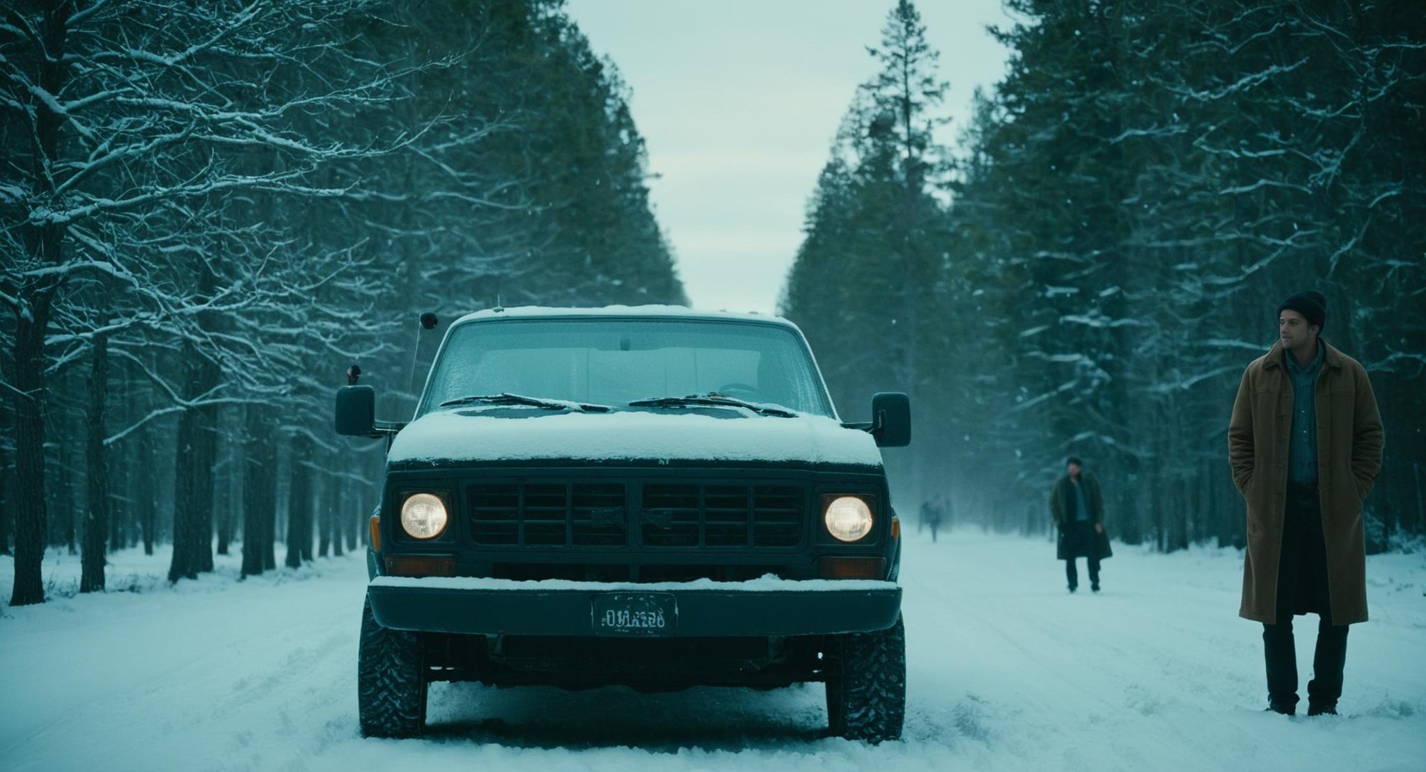 cinematic film still of  <lora:Split Diopter style:1>Split image focus of closeup of a  truck car on the left in the snow standing next to two men on the right,Split Diopter style,1girl,short hair,black hair,hat,outdoors,multiple boys,day,2boys,tree,coat,ground vehicle,scenery,motor vehicle,snow,winter clothes,car,winter,truck,nearsighted,farsighted,split,split focus,focus,sharp focus,deep focus,Split focus,split screen , artistic, Kodak, dramatic light, dramatic shadow light, contrast, saturated color, cinematic, filmic, motion picture, realistic, realism, perfection, perfect, deep focus, clean image, wide screen, detailed image, cinematic, deep space composition, shallow depth of field, vignette, highly detailed, high budget, bokeh, cinemascope, moody, epic, gorgeous, film grain, grainy