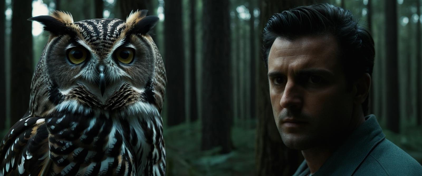 cinematic film still of  <lora:Split Diopter style:1>Split image focus of a closeup of a large owl staring at camera next to a man standing in the background in the dark woods,Split Diopter style,short hair,black hair,animal,realistic,dark,nearsighted,farsighted,split,split focus,focus,sharp focus,deep focus,Split focus,split screen , artistic, Kodak, dramatic light, dramatic shadow light, contrast, saturated color, cinematic, filmic, motion picture, realistic, realism, perfection, perfect, deep focus, clean image, wide screen, detailed image, cinematic, deep space composition, shallow depth of field, vignette, highly detailed, high budget, bokeh, cinemascope, moody, epic, gorgeous, film grain, grainy