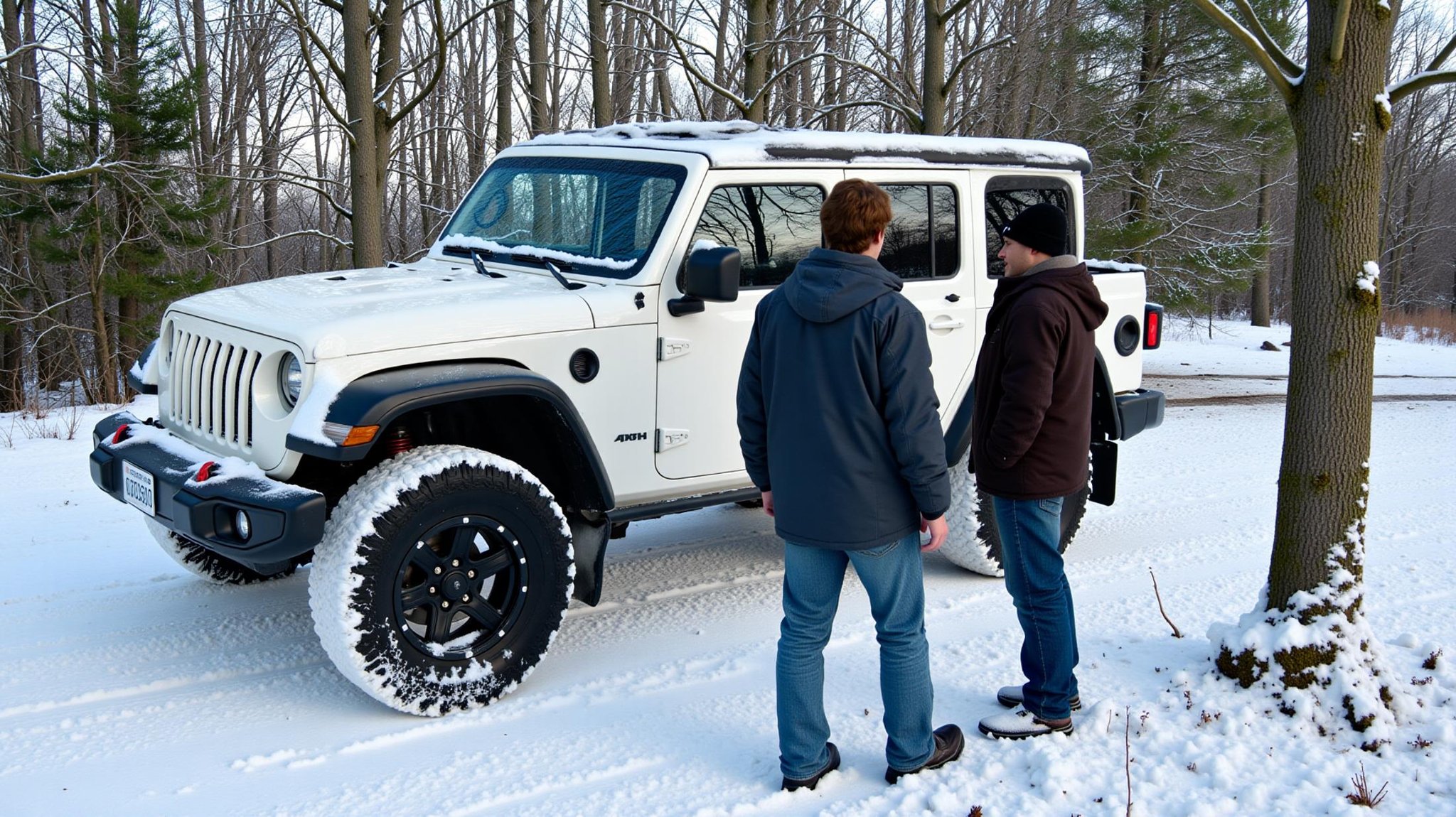 professional 3d model  <lora:hand v1:0.8> <lora:skin texture style v1:0.5> <lora:Split Diopter v1:1>In Split Diopter style, Split image focus of closeup of a  truck car on the left in the snow standing next to two men on the right, Split Diopter style, 1girl, short hair, black hair, hat, outdoors, multiple boys, day, 2boys, tree, coat, ground vehicle, scenery, motor vehicle, snow, winter clothes, car, winter, truck, nearsighted, farsighted, split, split focus, focus, sharp focus, deep focus, Split focus, split screen, artistic, Kodak, dramatic light, dramatic shadow light, contrast, saturated color, cinematic, filmic, motion picture, realistic, realism, perfection, perfect, deep focus, clean image, wide screen, detailed image, cinematic, deep space composition, brown hair, 1boy, standing, jacket, sky, pants, hands in pockets, road, wide shot . octane render, highly detailed, volumetric, dramatic lighting