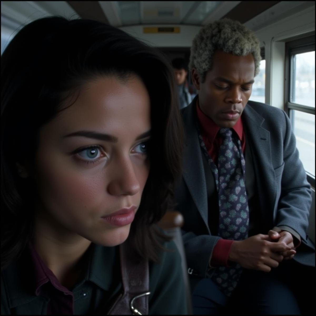 <lora:Split Diopter v1:1>In Split Diopter style, Split image focus of a closeup of a young woman with makeup staring at something in front of a black man with grey blonde hair with a jacket and tie in background inside a train, Split Diopter style, 1girl, short hair, blue eyes, shirt, black hair, hair ornament, 1boy, jacket, necktie, hairclip, dark skin, lips, dark-skinned male, realistic, very dark skin, nearsighted, farsighted, split, split focus, focus, sharp focus, deep focus, Split focus, split screen, artistic, Kodak, dramatic light, dramatic shadow light, contrast, saturated color, cinematic, filmic, motion picture, realistic, realism, perfection, perfect, deep focus, clean image, wide screen, detailed image, cinematic, deep space composition, long hair, real life insert, asian