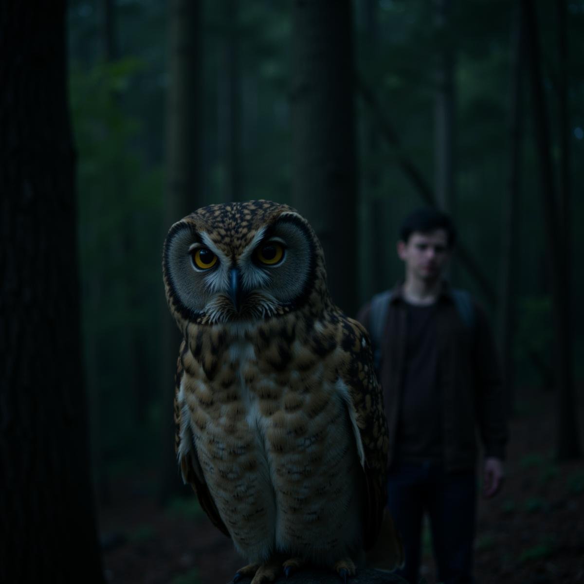 <lora:Split Diopter v1:1> Deep focus,In Split Diopter style, Split image focus of a closeup of a large owl staring at camera next to a man standing in the background in the dark woods, Split Diopter style, 1girl, short hair, black hair, 1boy, animal, realistic, dark, nearsighted, farsighted, split, split focus, focus, sharp focus, deep focus, Split focus, split screen, artistic, Kodak, dramatic light, dramatic shadow light, contrast, saturated color, cinematic, filmic, motion picture, realistic, realism, perfection, perfect, deep focus, clean image, wide screen, detailed image, cinematic, deep space composition, solo, looking at viewer, bird, rain, owl