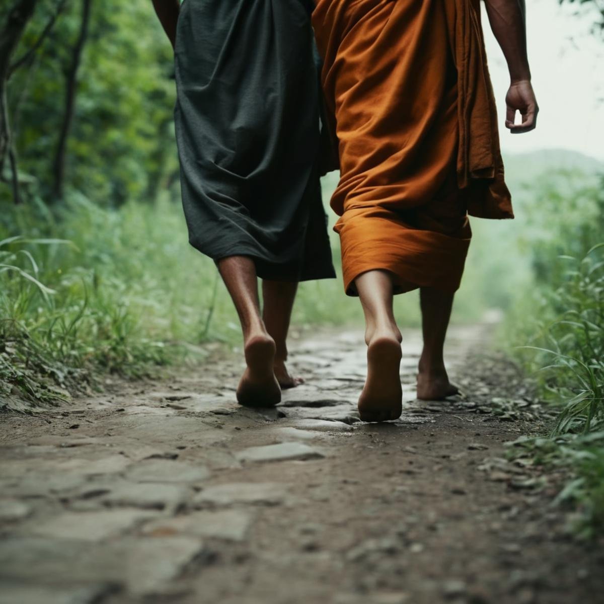 cinematic film still of  <lora:perfection style:0.1> <lora:detailed:0.1> <lora:Chiaroscuro Lighting Style:0.3> <lora:feet v2:0.3>A perfect photo of a couple of monk people walking down a path,foot focus,cinematic feet,best feet,better Feet,awesome Feet,different Feet,1boy,male focus,outdoors,barefoot,water,blurry,depth of field,blurry background,dirty,photo background,dirty feet , perfect style, perfection style, detailed style, shallow depth of field, vignette, highly detailed, high budget, bokeh, cinemascope, moody, epic, gorgeous, film grain, grainy