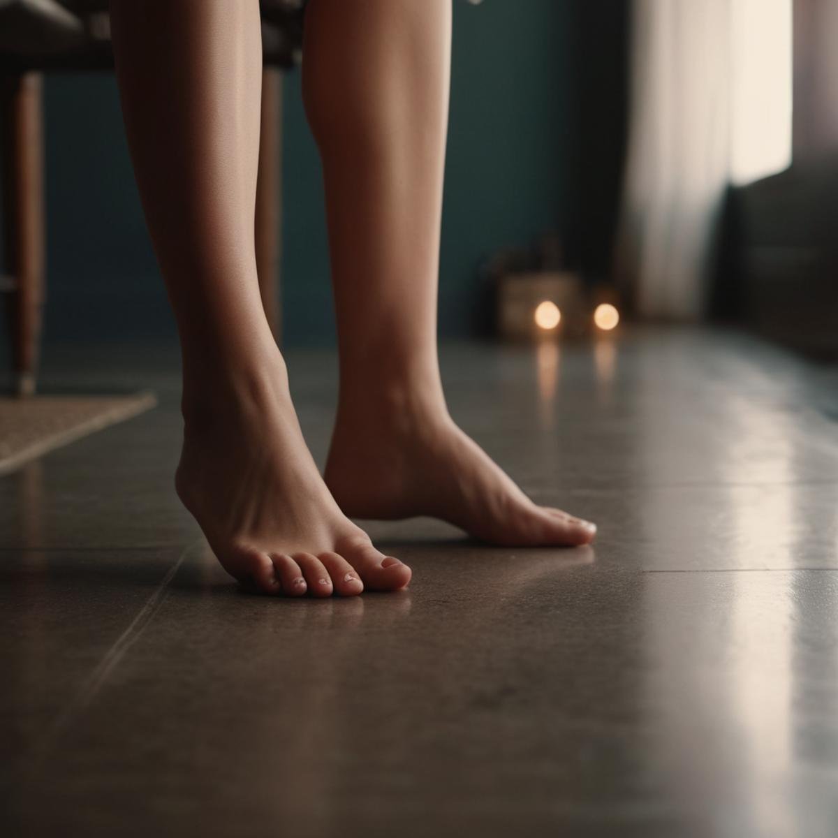 cinematic film still of a woman with bare feet up in front of camera <lora:feet v2:0.5>, shallow depth of field, vignette, highly detailed, high budget, bokeh, cinemascope, moody, epic, gorgeous, film grain, grainy