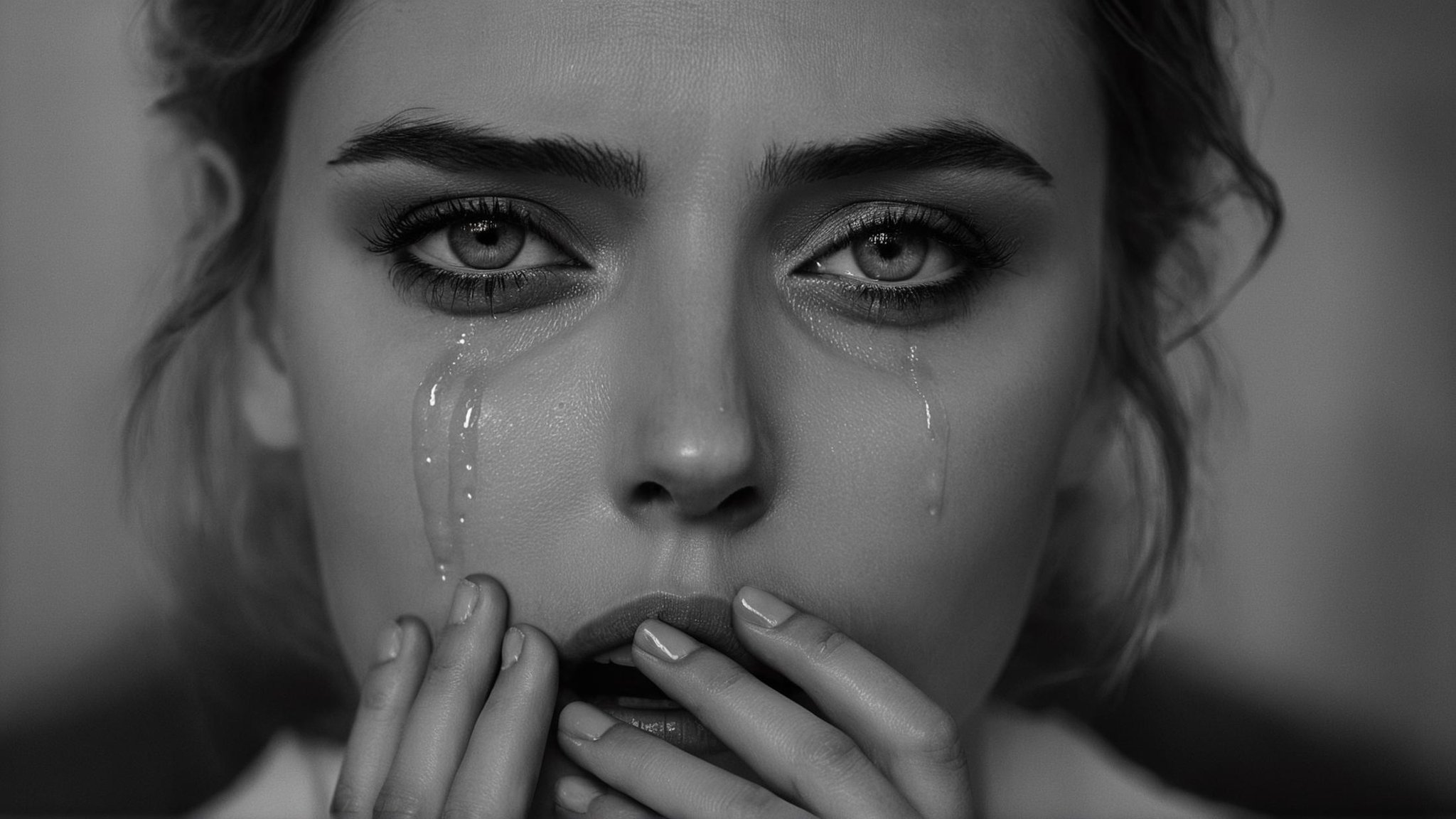 cinematic film still of  <lora:crying style:0.8> <lora:detailed:0.5> <lora:perfection style:0.5>a woman with tears on her face is crying.,1girl,solo,looking at viewer,monochrome,greyscale,teeth,tears,lips,eyelashes,crying,portrait,close-up,realistic,eye focus , crying, sad, teary face, tears, crying style, shallow depth of field, vignette, highly detailed, high budget, bokeh, cinemascope, moody, epic, gorgeous, film grain, grainy