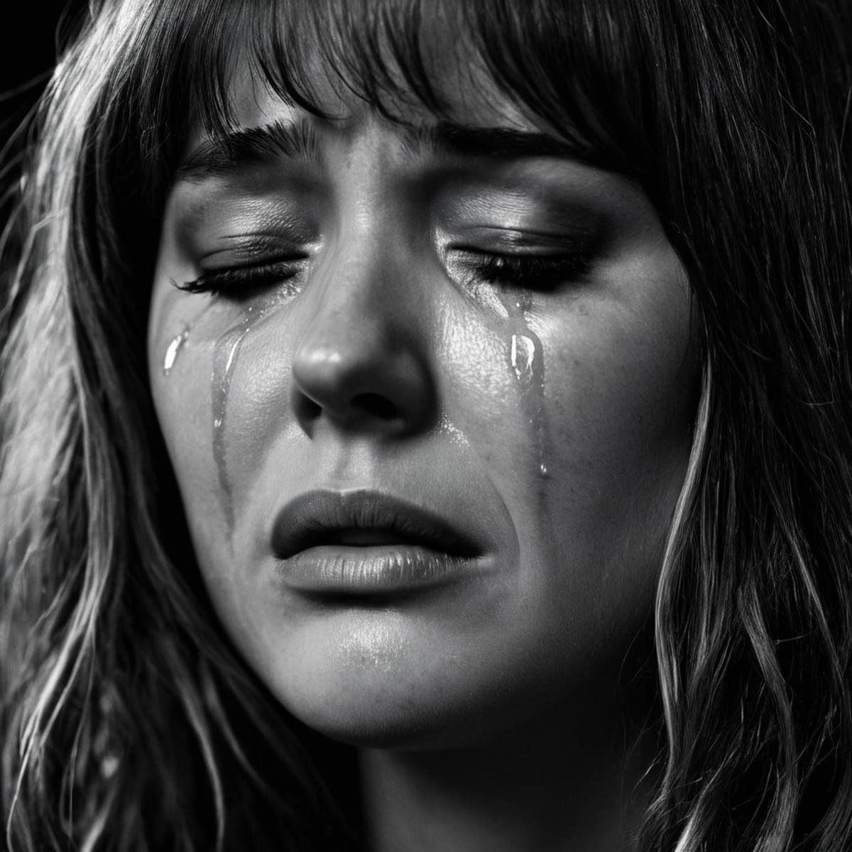 <lora:crying style:1>a woman with tears on her face is crying,1girl,solo,long hair,bangs,closed mouth,monochrome,closed eyes,greyscale,parted lips,scar,messy hair,portrait,facing viewer,injury,realistic , crying, sad, teary face, tears, crying style