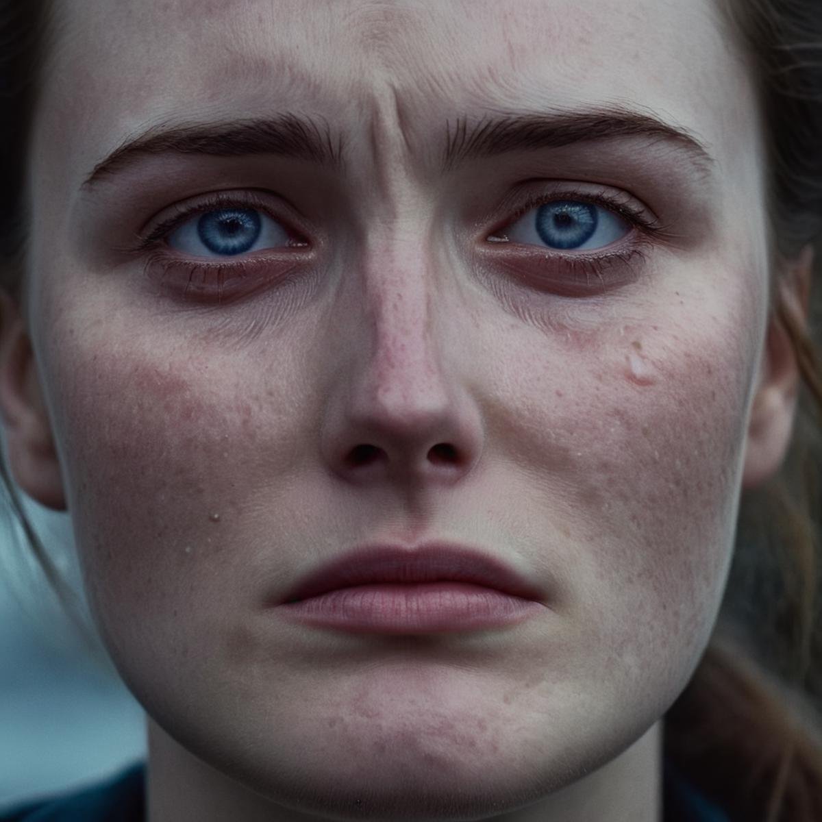 cinematic film still of  <lora:crying style:0.8> <lora:detailed:0.5> <lora:perfection style:0.5>a woman with a tear on her face is crying.,1girl,solo,looking at viewer,blue eyes,closed mouth,lips,portrait,close-up,freckles,realistic,nose , crying, sad, teary face, tears, crying style, shallow depth of field, vignette, highly detailed, high budget, bokeh, cinemascope, moody, epic, gorgeous, film grain, grainy