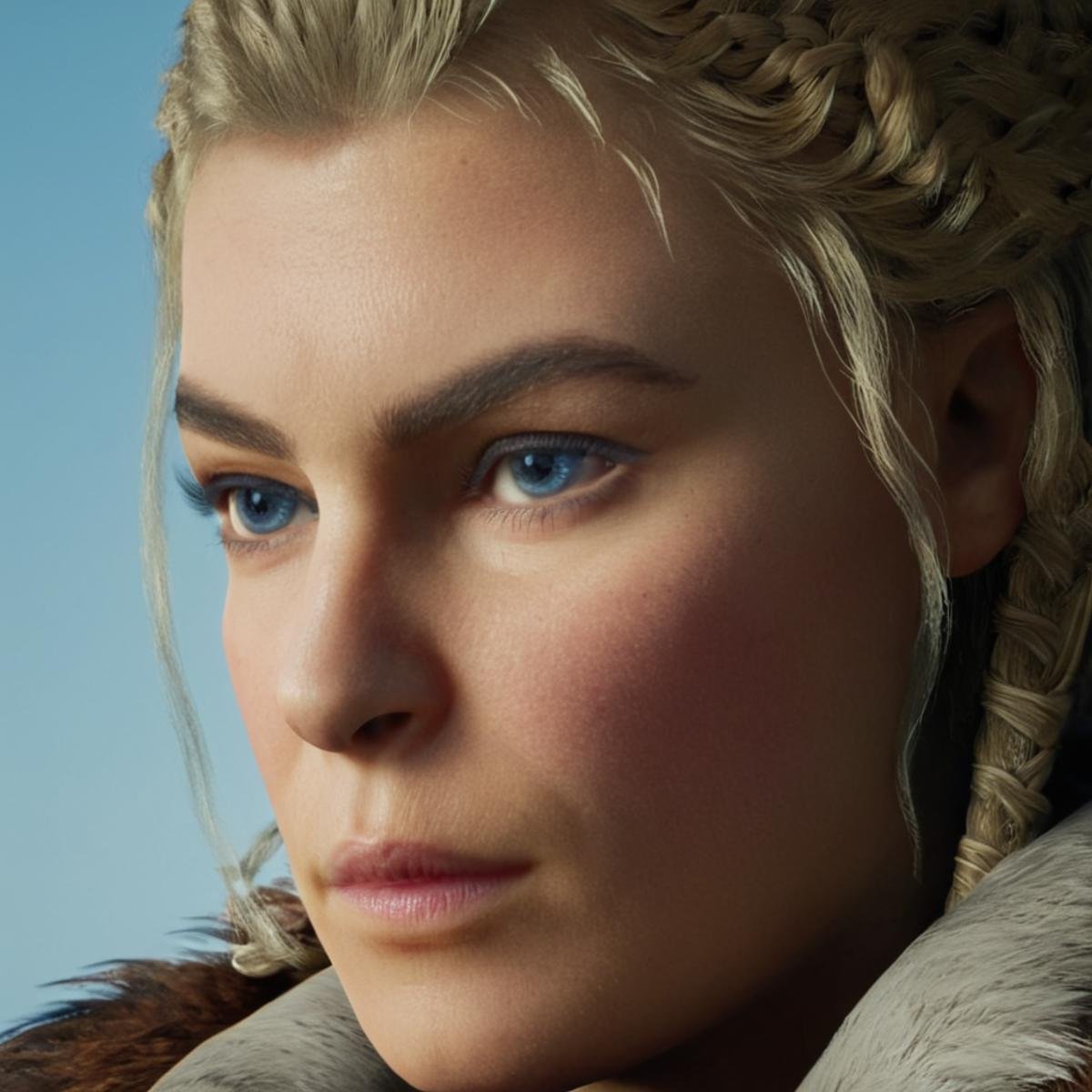 cinematic film still of  <lora:add-detail-xl:1><lora:Unreal Engine style:1> In Unreal Engine style, sharp detailed photo of <lora:Assassins Creed style:1>Eivor Varinsdottir a woman with a braided hair and a fur coat,solo,looking at viewer,blue eyes,blonde hair,simple background,1boy,jewelry,closed mouth,male focus,earrings,lips,fur trim,scar,portrait,realistic Assassin’s Creed style, Assassins Creed style, Open world, Action-adventure, Stealth, dramatic light, cinematic film look, ancient, historical, shallow depth of field, vignette, highly detailed, high budget, bokeh, cinemascope, moody, epic, gorgeous, film grain, grainy