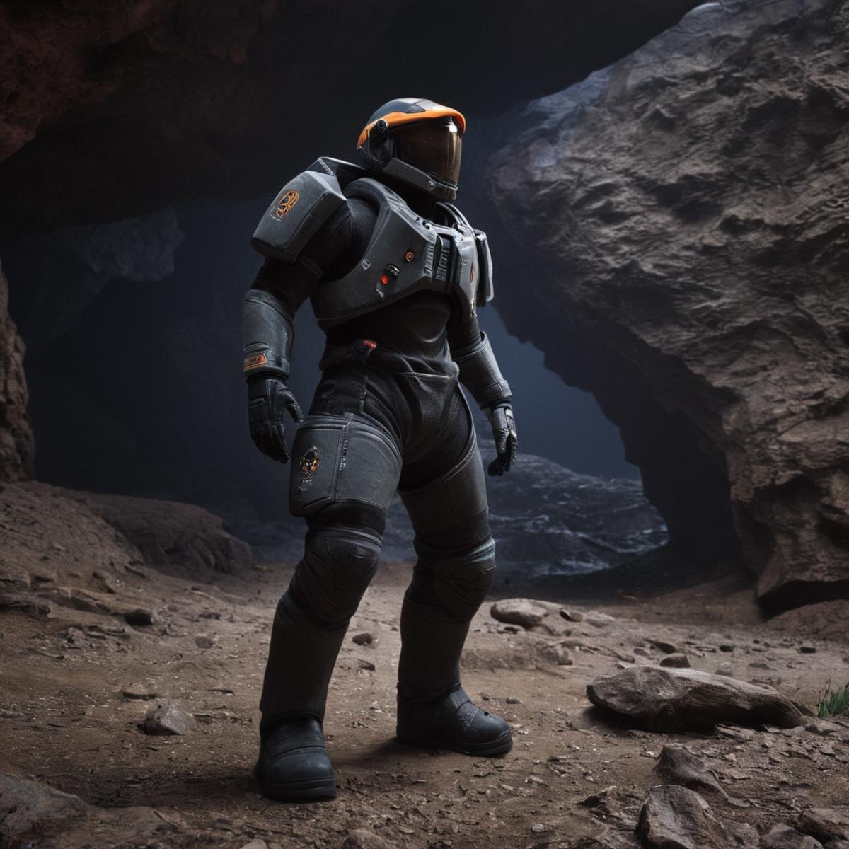 cinematic film still of  <lora:Unreal Engine style:1>An Unreal Engine image of a man standing next to a giant object in a cave,gloves,1boy,standing,military,helmet,scenery,1other,science fiction,realistic,space,ambiguous gender,spacecraft , realistic, realism, photorealism, hyperrealism, hyperrealistic, realistic, sharp, detailed, cinematography style, film light style, movie still,  professional photography, artistic, perfection, contrast, cinematic, filmic, high quality photo,  8k quality, colorful, photography style, 3D computer graphics, Blender, 3ds Max, Maya, Cinema 4D, ZBrush, AutoCAD, LightWave 3D, Adobe Dimension, virtual reality, 3d, different people, different characters, different models, detailed eyes, detailed nose, detailed ears, detailed environment, detailed body, detailed face, detailed nipples, detailed breasts, detailed feet, detailed hands, perfect, perfection, epic, awesome, Interactive, Cybernetics, different lighting, light, Video games, Film and television, Unreal, real-time 3D,  Epic Games style, Unreal Engine style, shallow depth of field, vignette, highly detailed, high budget, bokeh, cinemascope, moody, epic, gorgeous, film grain, grainy