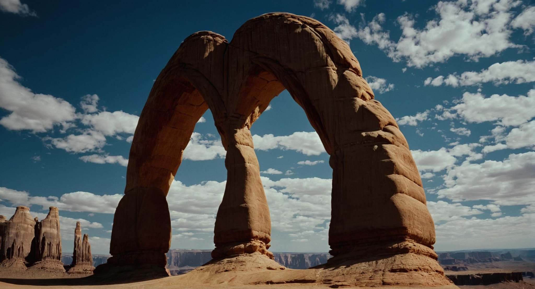 cinematic film still of  <lora:Ron Fricke style:1>a large arch in the middle of a desert,outdoors,sky,day,cloud,blue sky,no humans,cloudy sky,scenery,rock,desert,cliff,cave , realistic, realism, movie still, film grain, kodak film, film contrast, film color, cinematography, documentary, photography, 70 mm film, 65 mm film, Todd-AO, Todd-AO 35, 8K resolution, Ron Fricke film director style, Ron Fricke film directing style, Ron Fricke style, shallow depth of field, vignette, highly detailed, high budget, bokeh, cinemascope, moody, epic, gorgeous, film grain, grainy