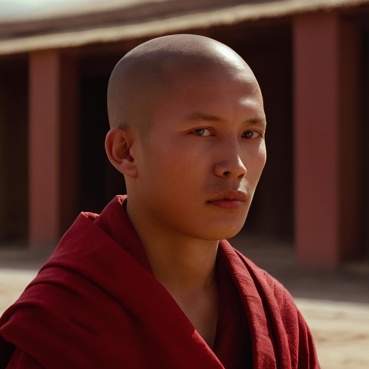 cinematic film still of  <lora:Ron Fricke style:1>a young monk with a red robe on,solo,looking at viewer,1boy,brown eyes,closed mouth,male focus,scarf,blurry,lips,blurry background,portrait,red scarf,realistic,bald , realistic, realism, movie still, film grain, kodak film, film contrast, film color, cinematography, documentary, photography, 70 mm film, 65 mm film, Todd-AO, Todd-AO 35, 8K resolution, Ron Fricke film director style, Ron Fricke film directing style, Ron Fricke style, shallow depth of field, vignette, highly detailed, high budget, bokeh, cinemascope, moody, epic, gorgeous, film grain, grainy