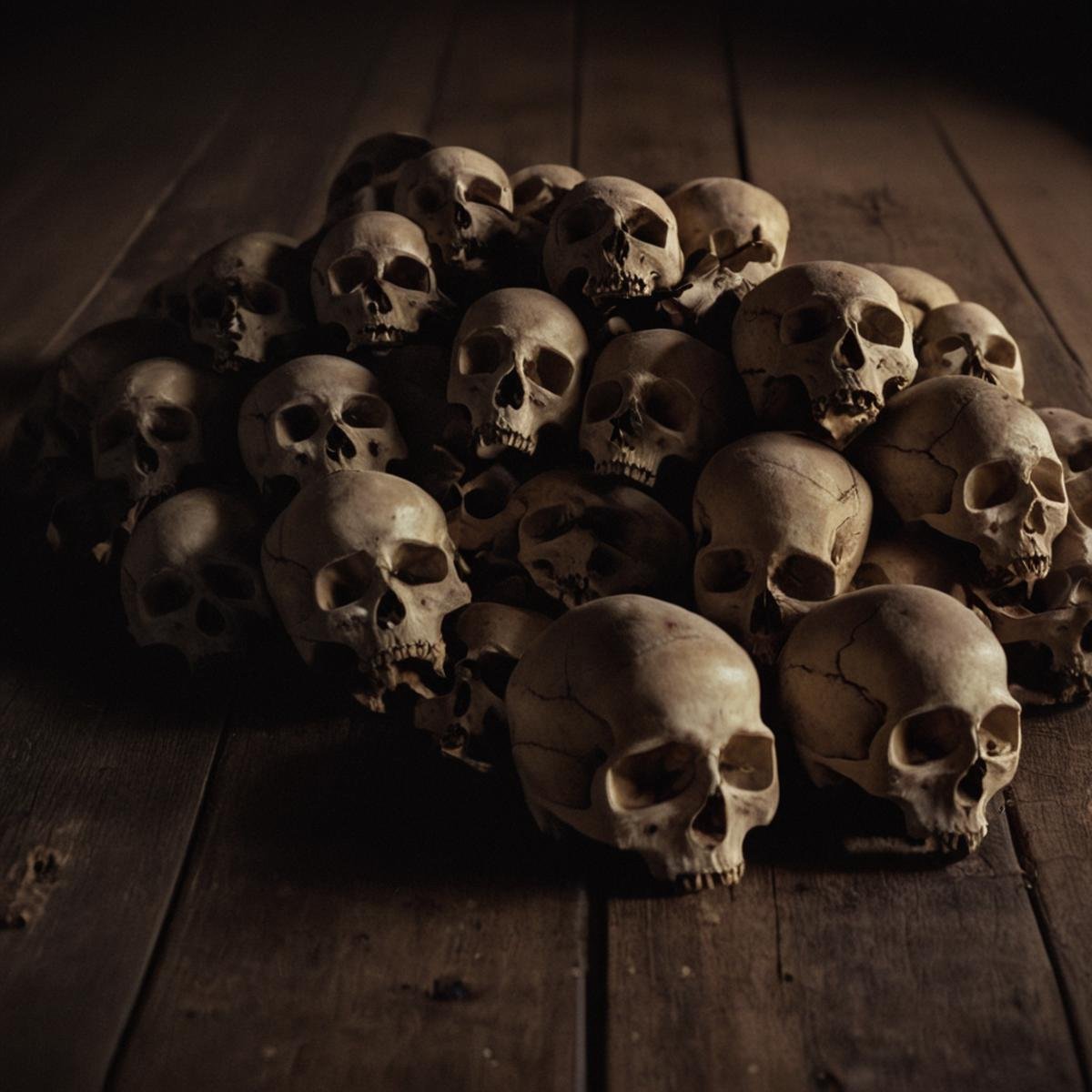 cinematic film still of  <lora:Ron Fricke style:1>a pile of skulls sitting on top of a wooden floor,no humans,skull , realistic, realism, movie still, film grain, kodak film, film contrast, film color, cinematography, documentary, photography, 70 mm film, 65 mm film, Todd-AO, Todd-AO 35, 8K resolution, Ron Fricke film director style, Ron Fricke film directing style, Ron Fricke style, shallow depth of field, vignette, highly detailed, high budget, bokeh, cinemascope, moody, epic, gorgeous, film grain, grainy