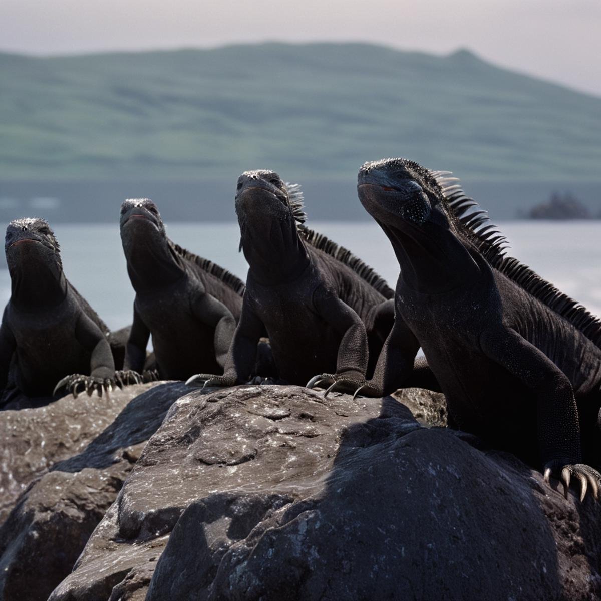 cinematic film still of  <lora:Ron Fricke style:1>a group of marine iguanas sitting on rocks,open mouth,outdoors,sky,teeth,blurry,no humans,blurry background,sharp teeth,monster,kaijuu,godzilla , realistic, realism, movie still, film grain, kodak film, film contrast, film color, cinematography, documentary, photography, 70 mm film, 65 mm film, Todd-AO, Todd-AO 35, 8K resolution, Ron Fricke film director style, Ron Fricke film directing style, Ron Fricke style, shallow depth of field, vignette, highly detailed, high budget, bokeh, cinemascope, moody, epic, gorgeous, film grain, grainy