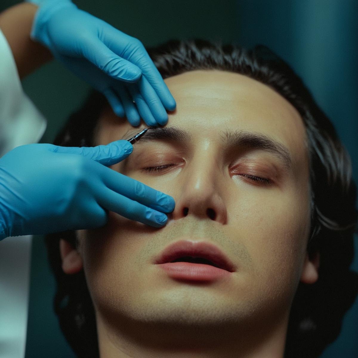 cinematic film still of  <lora:Ron Fricke style:1>a woman getting her nose examined by a doctor,solo,1boy,holding,closed mouth,closed eyes,male focus,blood,portrait,close-up,realistic,blue gloves,pen,pencil , realistic, realism, movie still, film grain, kodak film, film contrast, film color, cinematography, documentary, photography, 70 mm film, 65 mm film, Todd-AO, Todd-AO 35, 8K resolution, Ron Fricke film director style, Ron Fricke film directing style, Ron Fricke style, shallow depth of field, vignette, highly detailed, high budget, bokeh, cinemascope, moody, epic, gorgeous, film grain, grainy