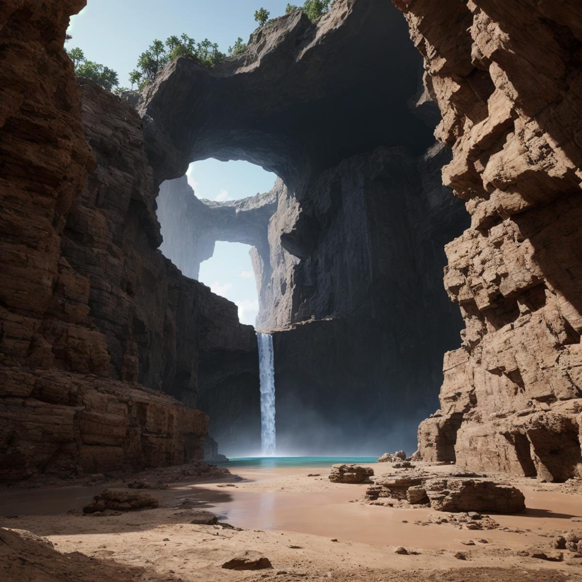 professional 3d model of  <lora:Unreal Engine style SD1.5:1>An Unreal Engine image of a cave with a waterfall and a cave like structure,water,no humans,scenery,rock,cave , realistic, realism, photorealism, hyperrealism, hyperrealistic, realistic, sharp, detailed, cinematography style, film light style, movie still,  professional photography, artistic, perfection, contrast, cinematic, filmic, high quality photo,  8k quality, colorful, photography style, 3D computer graphics, Blender, 3ds Max, Maya, Cinema 4D, ZBrush, AutoCAD, LightWave 3D, Adobe Dimension, virtual reality, 3d, different people, different characters, different models, detailed eyes, detailed nose, detailed ears, detailed environment, detailed body, detailed face, detailed nipples, detailed breasts, detailed feet, detailed hands, perfect, perfection, epic, awesome, Interactive, Cybernetics, different lighting, light, Video games, Film and television, Unreal, real-time 3D,  Epic Games style, Unreal Engine style, octane render, highly detailed, volumetric, dramatic lighting