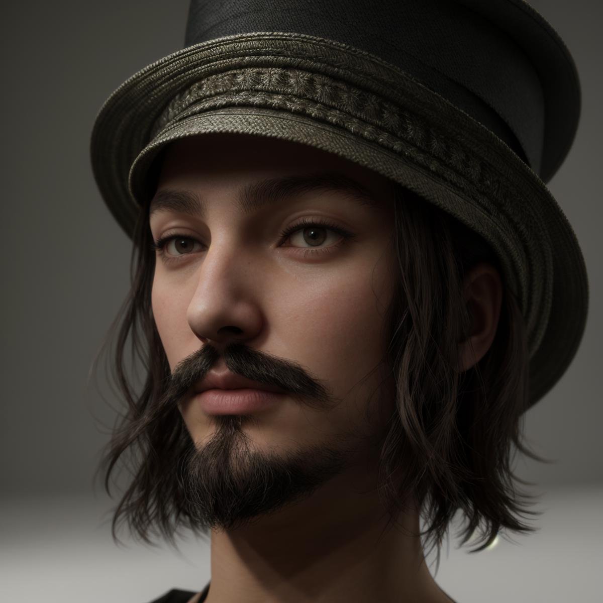 professional 3d model of  <lora:Unreal Engine style SD1.5:1>An Unreal Engine image of a man wearing a hat with a mustache,solo,black hair,1boy,hat,male focus,parted lips,blurry,black eyes,blurry background,facial hair,portrait,realistic,mustache,stubble,straw hat,chin strap , realistic, realism, photorealism, hyperrealism, hyperrealistic, realistic, sharp, detailed, cinematography style, film light style, movie still,  professional photography, artistic, perfection, contrast, cinematic, filmic, high quality photo,  8k quality, colorful, photography style, 3D computer graphics, Blender, 3ds Max, Maya, Cinema 4D, ZBrush, AutoCAD, LightWave 3D, Adobe Dimension, virtual reality, 3d, different people, different characters, different models, detailed eyes, detailed nose, detailed ears, detailed environment, detailed body, detailed face, detailed nipples, detailed breasts, detailed feet, detailed hands, perfect, perfection, epic, awesome, Interactive, Cybernetics, different lighting, light, Video games, Film and television, Unreal, real-time 3D,  Epic Games style, Unreal Engine style, octane render, highly detailed, volumetric, dramatic lighting