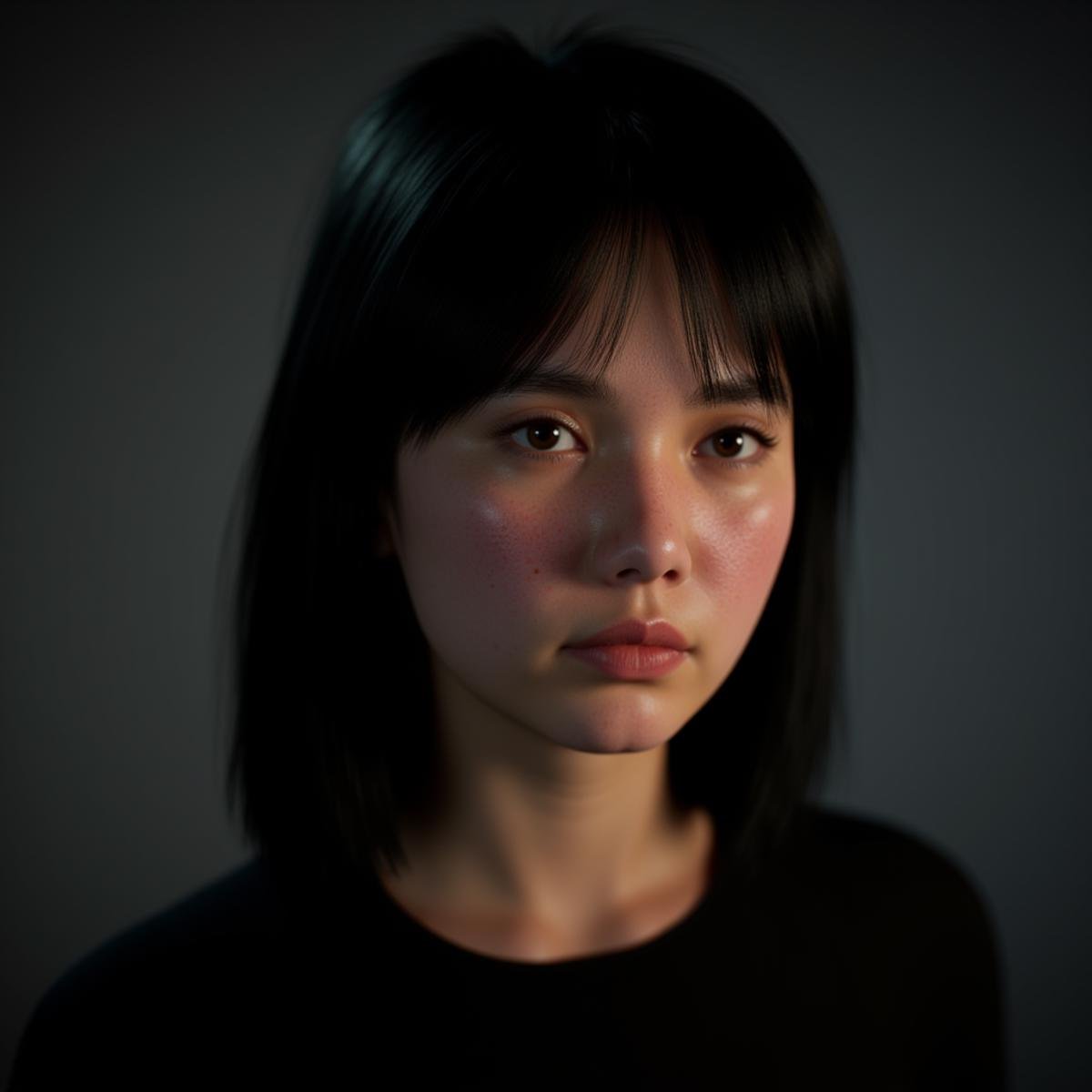 professional 3d model  <lora:Unreal Engine style v1:1>An Unreal Engine image of a woman with freckles and a black shirt,1girl,solo,looking at viewer,black hair,brown eyes,closed mouth,black eyes,lips,portrait,close-up,freckles,realistic,nose , realistic, realism, photorealism, hyperrealism, hyperrealistic, realistic, sharp, detailed, cinematography style, film light style, movie still,  professional photography, artistic, perfection, contrast, cinematic, filmic, high quality photo,  8k quality, colorful, photography style, 3D computer graphics, Blender, 3ds Max, Maya, Cinema 4D, ZBrush, AutoCAD, LightWave 3D, Adobe Dimension, virtual reality, 3d, different people, different characters, different models, detailed eyes, detailed nose, detailed ears, detailed environment, detailed body, detailed face, detailed nipples, detailed breasts, detailed feet, detailed hands, perfect, perfection, epic, awesome, Interactive, Cybernetics, different lighting, light, Video games, Film and television, Unreal, real-time 3D,  Epic Games style, Unreal Engine style . octane render, highly detailed, volumetric, dramatic lighting