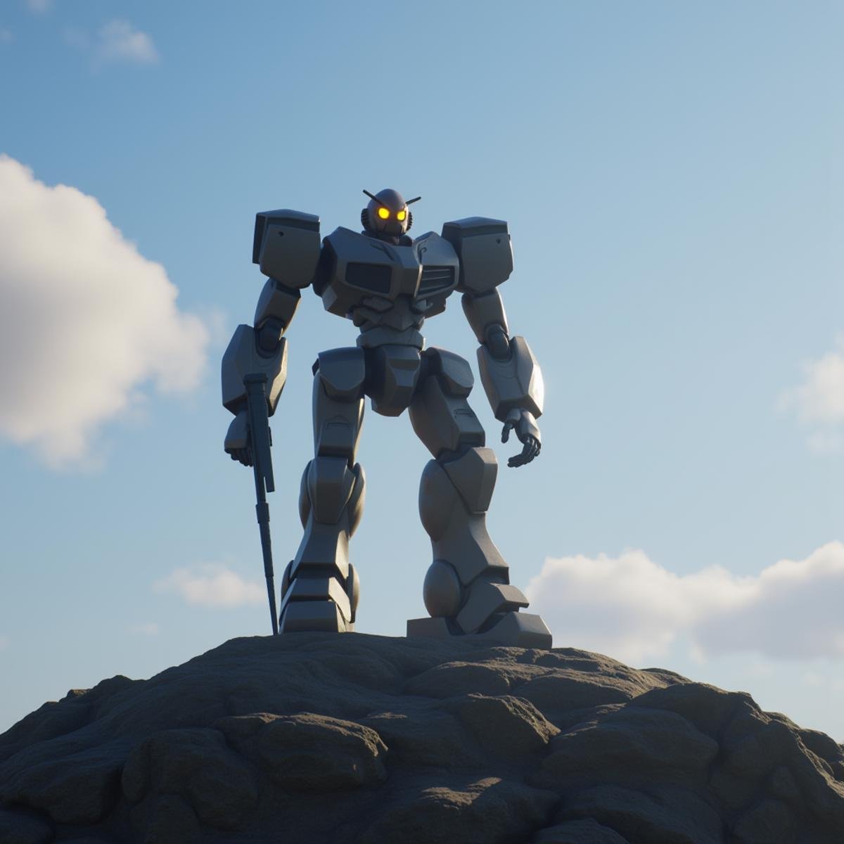 professional 3d model  <lora:Unreal Engine style v1:1>An Unreal Engine image of a giant robot standing on top of a rocky hill,solo,holding,standing,weapon,sky,cloud,armor,no humans,glowing,robot,mecha,science fiction,mountain,realistic , realistic, realism, photorealism, hyperrealism, hyperrealistic, realistic, sharp, detailed, cinematography style, film light style, movie still,  professional photography, artistic, perfection, contrast, cinematic, filmic, high quality photo,  8k quality, colorful, photography style, 3D computer graphics, Blender, 3ds Max, Maya, Cinema 4D, ZBrush, AutoCAD, LightWave 3D, Adobe Dimension, virtual reality, 3d, different people, different characters, different models, detailed eyes, detailed nose, detailed ears, detailed environment, detailed body, detailed face, detailed nipples, detailed breasts, detailed feet, detailed hands, perfect, perfection, epic, awesome, Interactive, Cybernetics, different lighting, light, Video games, Film and television, Unreal, real-time 3D,  Epic Games style, Unreal Engine style . octane render, highly detailed, volumetric, dramatic lighting