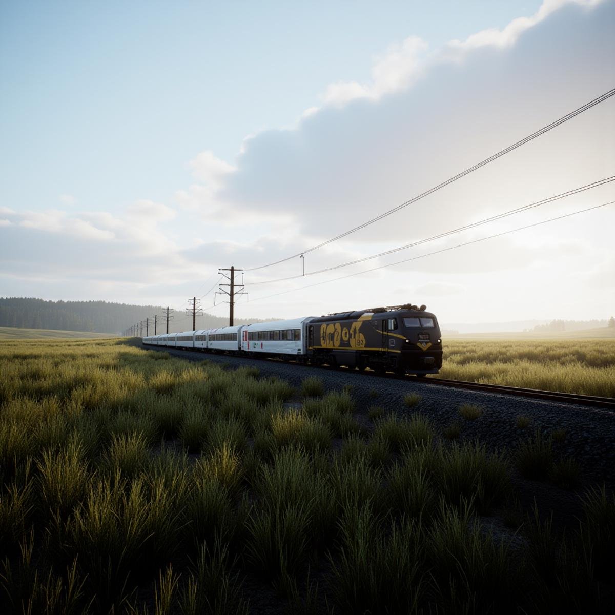 professional 3d model  <lora:Unreal Engine style v1:1>An Unreal Engine image of a train is traveling down the tracks in the field,outdoors,sky,cloud,no humans,grass,ground vehicle,scenery,power lines,train,railroad tracks , realistic, realism, photorealism, hyperrealism, hyperrealistic, realistic, sharp, detailed, cinematography style, film light style, movie still,  professional photography, artistic, perfection, contrast, cinematic, filmic, high quality photo,  8k quality, colorful, photography style, 3D computer graphics, Blender, 3ds Max, Maya, Cinema 4D, ZBrush, AutoCAD, LightWave 3D, Adobe Dimension, virtual reality, 3d, different people, different characters, different models, detailed eyes, detailed nose, detailed ears, detailed environment, detailed body, detailed face, detailed nipples, detailed breasts, detailed feet, detailed hands, perfect, perfection, epic, awesome, Interactive, Cybernetics, different lighting, light, Video games, Film and television, Unreal, real-time 3D,  Epic Games style, Unreal Engine style . octane render, highly detailed, volumetric, dramatic lighting