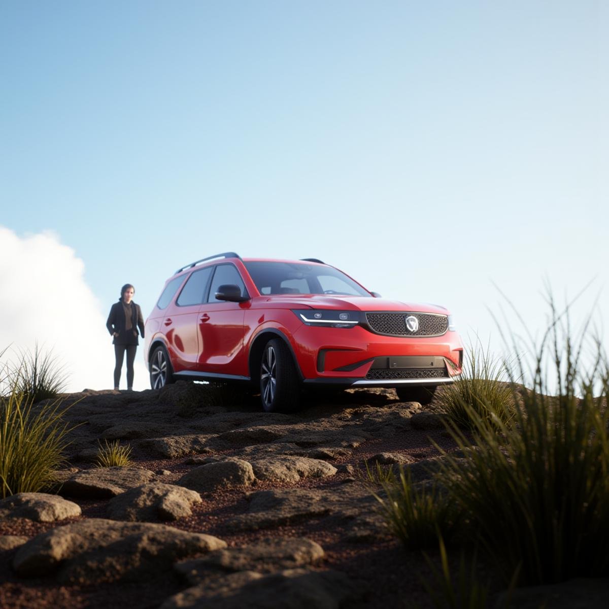 professional 3d model  <lora:Unreal Engine style v1:1>An Unreal Engine image of a red car is parked on a rocky hill,1girl,outdoors,sky,cloud,grass,ground vehicle,scenery,motor vehicle,car,vehicle focus , realistic, realism, photorealism, hyperrealism, hyperrealistic, realistic, sharp, detailed, cinematography style, film light style, movie still,  professional photography, artistic, perfection, contrast, cinematic, filmic, high quality photo,  8k quality, colorful, photography style, 3D computer graphics, Blender, 3ds Max, Maya, Cinema 4D, ZBrush, AutoCAD, LightWave 3D, Adobe Dimension, virtual reality, 3d, different people, different characters, different models, detailed eyes, detailed nose, detailed ears, detailed environment, detailed body, detailed face, detailed nipples, detailed breasts, detailed feet, detailed hands, perfect, perfection, epic, awesome, Interactive, Cybernetics, different lighting, light, Video games, Film and television, Unreal, real-time 3D,  Epic Games style, Unreal Engine style . octane render, highly detailed, volumetric, dramatic lighting