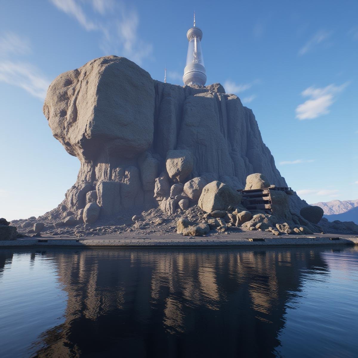 professional 3d model  <lora:Unreal Engine style v1:1>An Unreal Engine image of a futuristic space station with a giant rock and many spheres,sky,no humans,building,scenery,reflection,space,planet,globe , realistic, realism, photorealism, hyperrealism, hyperrealistic, realistic, sharp, detailed, cinematography style, film light style, movie still,  professional photography, artistic, perfection, contrast, cinematic, filmic, high quality photo,  8k quality, colorful, photography style, 3D computer graphics, Blender, 3ds Max, Maya, Cinema 4D, ZBrush, AutoCAD, LightWave 3D, Adobe Dimension, virtual reality, 3d, different people, different characters, different models, detailed eyes, detailed nose, detailed ears, detailed environment, detailed body, detailed face, detailed nipples, detailed breasts, detailed feet, detailed hands, perfect, perfection, epic, awesome, Interactive, Cybernetics, different lighting, light, Video games, Film and television, Unreal, real-time 3D,  Epic Games style, Unreal Engine style . octane render, highly detailed, volumetric, dramatic lighting