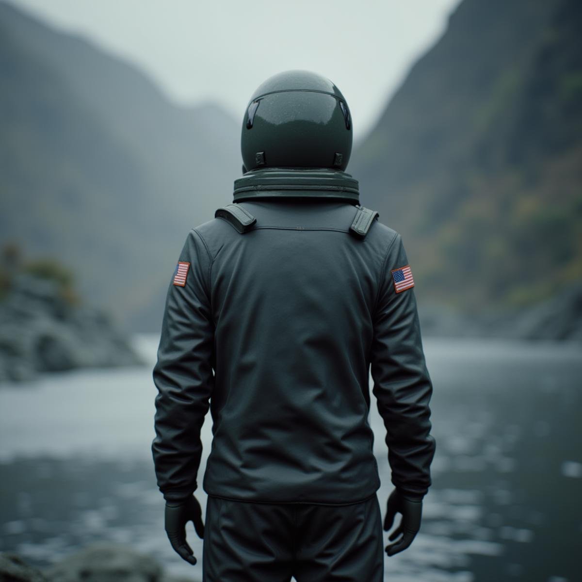 professional 3d model  <lora:Unreal Engine style v1:1>An Unreal Engine image of a person in a spacesuit standing in front of a river,solo,jacket,upper body,outdoors,from behind,blurry,military,depth of field,blurry background,helmet,american flag,patch,japanese flag,united states,astronaut , realistic, realism, photorealism, hyperrealism, hyperrealistic, realistic, sharp, detailed, cinematography style, film light style, movie still,  professional photography, artistic, perfection, contrast, cinematic, filmic, high quality photo,  8k quality, colorful, photography style, 3D computer graphics, Blender, 3ds Max, Maya, Cinema 4D, ZBrush, AutoCAD, LightWave 3D, Adobe Dimension, virtual reality, 3d, different people, different characters, different models, detailed eyes, detailed nose, detailed ears, detailed environment, detailed body, detailed face, detailed nipples, detailed breasts, detailed feet, detailed hands, perfect, perfection, epic, awesome, Interactive, Cybernetics, different lighting, light, Video games, Film and television, Unreal, real-time 3D,  Epic Games style, Unreal Engine style . octane render, highly detailed, volumetric, dramatic lighting