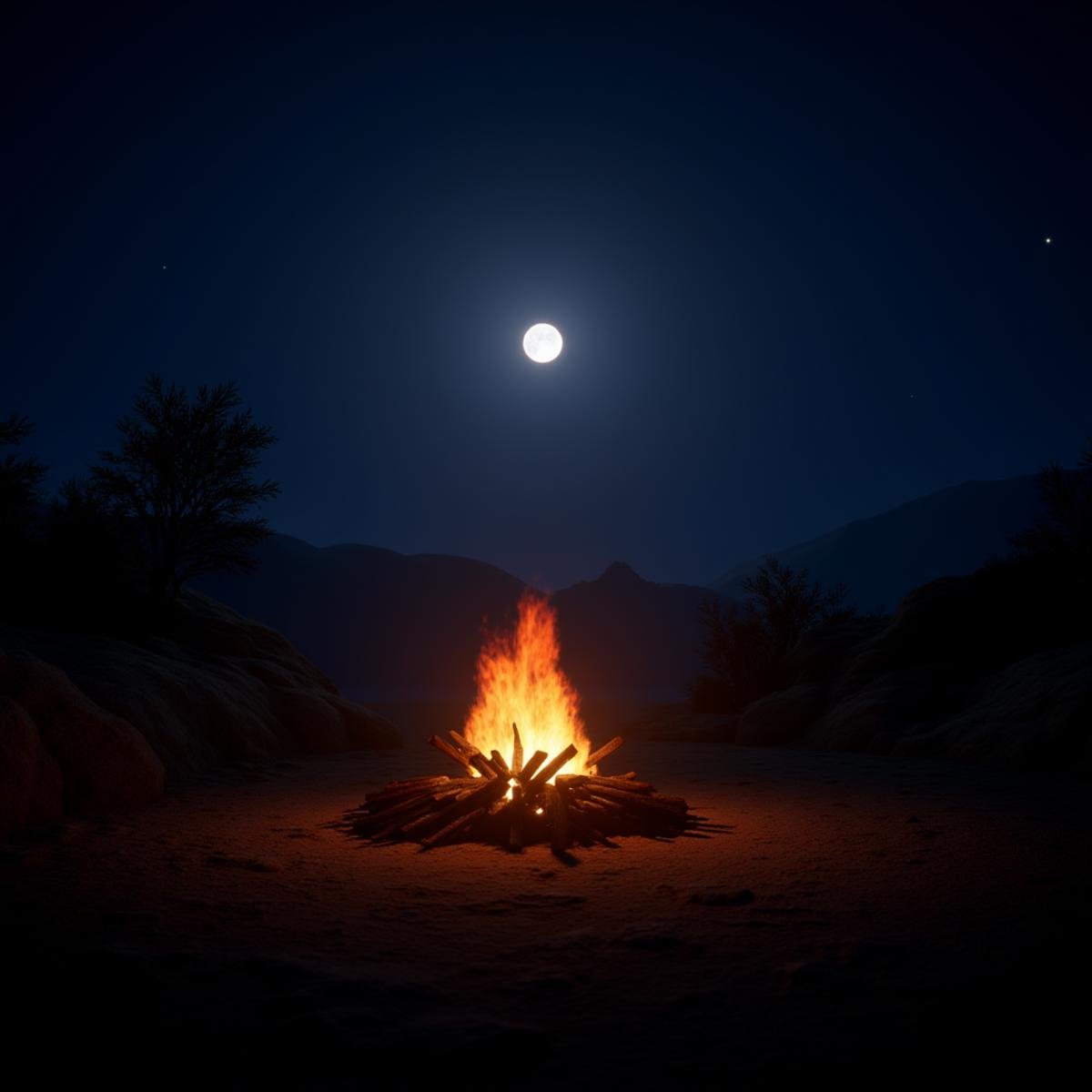 professional 3d model  <lora:Unreal Engine style v1:1>An Unreal Engine image of a campfire in the middle of a desert at night,outdoors,sky,tree,no humans,night,moon,fire,star (sky),night sky,scenery,full moon,rock,campfire , realistic, realism, photorealism, hyperrealism, hyperrealistic, realistic, sharp, detailed, cinematography style, film light style, movie still,  professional photography, artistic, perfection, contrast, cinematic, filmic, high quality photo,  8k quality, colorful, photography style, 3D computer graphics, Blender, 3ds Max, Maya, Cinema 4D, ZBrush, AutoCAD, LightWave 3D, Adobe Dimension, virtual reality, 3d, different people, different characters, different models, detailed eyes, detailed nose, detailed ears, detailed environment, detailed body, detailed face, detailed nipples, detailed breasts, detailed feet, detailed hands, perfect, perfection, epic, awesome, Interactive, Cybernetics, different lighting, light, Video games, Film and television, Unreal, real-time 3D,  Epic Games style, Unreal Engine style . octane render, highly detailed, volumetric, dramatic lighting