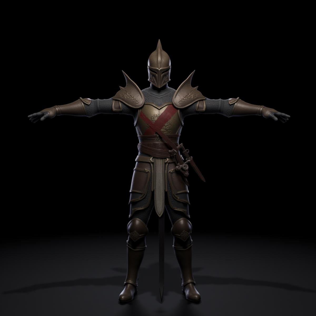 professional 3d model  <lora:Unreal Engine style v1:1>An Unreal Engine image of a knight in armor poses for a photo,solo,simple background,1boy,standing,full body,weapon,male focus,boots,sword,armor,helmet,outstretched arms,knife,black background,shoulder armor,gauntlets,sheath,facing viewer,1other,spikes,pauldrons,sheathed,tabard,breastplate,greaves,knight,full armor,ambiguous gender,helm,plate armor , realistic, realism, photorealism, hyperrealism, hyperrealistic, realistic, sharp, detailed, cinematography style, film light style, movie still,  professional photography, artistic, perfection, contrast, cinematic, filmic, high quality photo,  8k quality, colorful, photography style, 3D computer graphics, Blender, 3ds Max, Maya, Cinema 4D, ZBrush, AutoCAD, LightWave 3D, Adobe Dimension, virtual reality, 3d, different people, different characters, different models, detailed eyes, detailed nose, detailed ears, detailed environment, detailed body, detailed face, detailed nipples, detailed breasts, detailed feet, detailed hands, perfect, perfection, epic, awesome, Interactive, Cybernetics, different lighting, light, Video games, Film and television, Unreal, real-time 3D,  Epic Games style, Unreal Engine style . octane render, highly detailed, volumetric, dramatic lighting