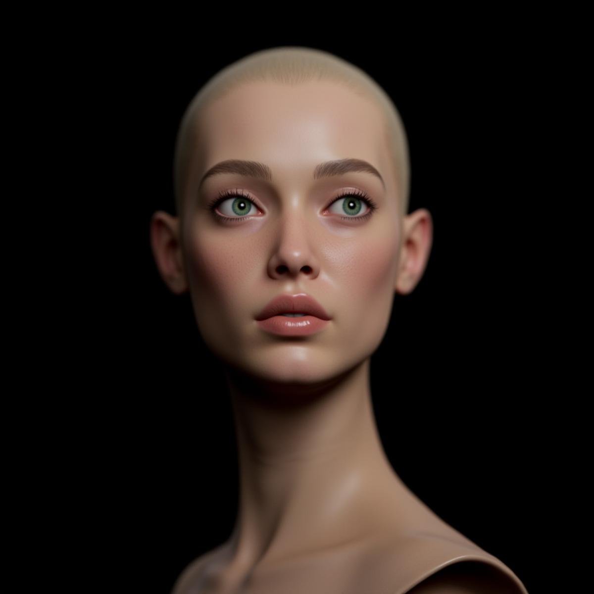 professional 3d model  <lora:Unreal Engine style v1:1>An Unreal Engine image of a woman with a bald head and blue eyes,1girl,solo,simple background,closed mouth,green eyes,lips,eyelashes,black background,portrait,close-up,freckles,realistic,nose , realistic, realism, photorealism, hyperrealism, hyperrealistic, realistic, sharp, detailed, cinematography style, film light style, movie still,  professional photography, artistic, perfection, contrast, cinematic, filmic, high quality photo,  8k quality, colorful, photography style, 3D computer graphics, Blender, 3ds Max, Maya, Cinema 4D, ZBrush, AutoCAD, LightWave 3D, Adobe Dimension, virtual reality, 3d, different people, different characters, different models, detailed eyes, detailed nose, detailed ears, detailed environment, detailed body, detailed face, detailed nipples, detailed breasts, detailed feet, detailed hands, perfect, perfection, epic, awesome, Interactive, Cybernetics, different lighting, light, Video games, Film and television, Unreal, real-time 3D,  Epic Games style, Unreal Engine style . octane render, highly detailed, volumetric, dramatic lighting