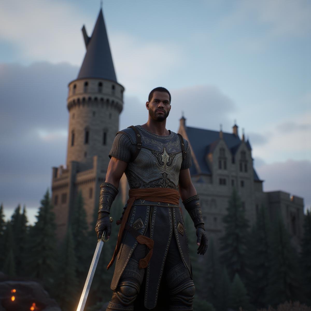 professional 3d model  <lora:Unreal Engine style v1:1>An Unreal Engine image of a man standing in front of a castle with a sky background,holding,standing,weapon,outdoors,sky,sword,cloud,holding weapon,cloudy sky,fire,scenery,tower,ambiguous gender , realistic, realism, photorealism, hyperrealism, hyperrealistic, realistic, sharp, detailed, cinematography style, film light style, movie still,  professional photography, artistic, perfection, contrast, cinematic, filmic, high quality photo,  8k quality, colorful, photography style, 3D computer graphics, Blender, 3ds Max, Maya, Cinema 4D, ZBrush, AutoCAD, LightWave 3D, Adobe Dimension, virtual reality, 3d, different people, different characters, different models, detailed eyes, detailed nose, detailed ears, detailed environment, detailed body, detailed face, detailed nipples, detailed breasts, detailed feet, detailed hands, perfect, perfection, epic, awesome, Interactive, Cybernetics, different lighting, light, Video games, Film and television, Unreal, real-time 3D,  Epic Games style, Unreal Engine style . octane render, highly detailed, volumetric, dramatic lighting