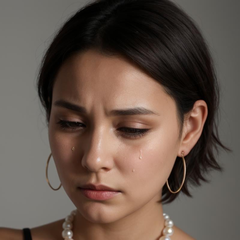 <lora:crying style SD1.5:0.3>a woman with tears on her face is crying.,1girl,solo,looking at viewer,short hair,black hair,brown eyes,jewelry,earrings,tears,necklace,lips,crying,portrait,close-up,hoop earrings,realistic,pearl necklace , crying, sad, teary face, tears, crying style