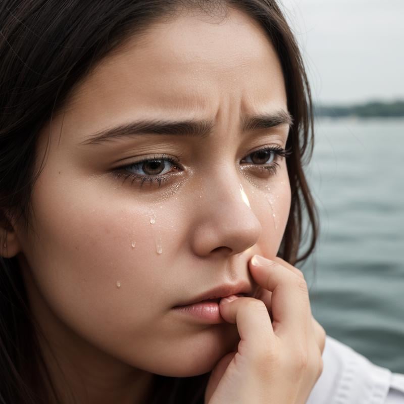 <lora:crying style SD1.5:0.3>a woman with tears on her face and the word " tears " on the face.,1girl,solo,looking at viewer,close-up,realistic,watercraft,boat,eye focus , crying, sad, teary face, tears, crying style