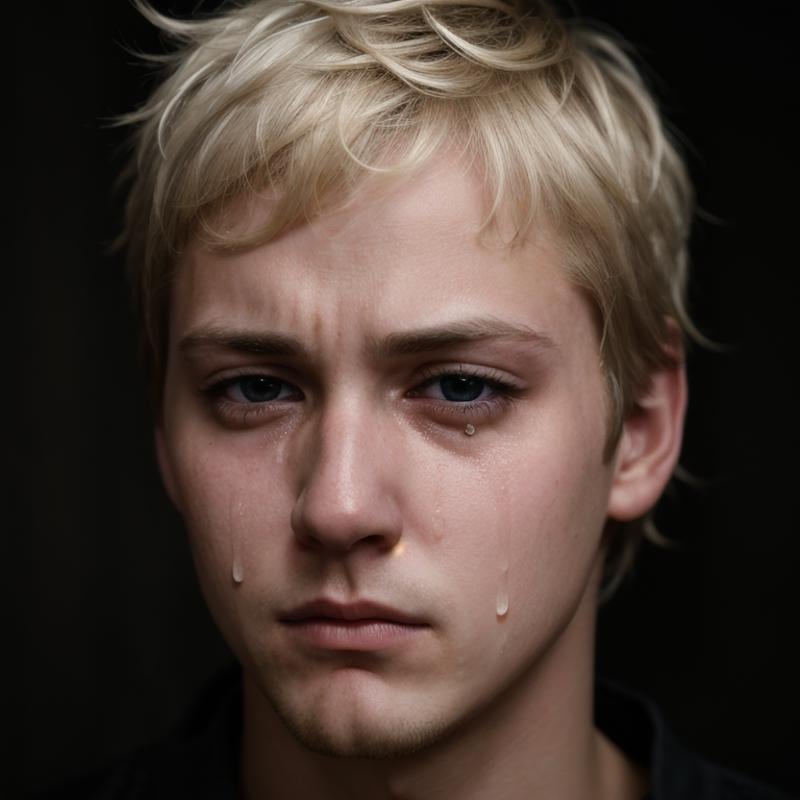 <lora:crying style SD1.5:1>a man with tears on his face is crying.,looking at viewer,short hair,blonde hair,black hair,1boy,male focus,multiple boys,solo focus,blurry,blurry background,facial hair,portrait,realistic , crying, sad, teary face, tears, crying style 