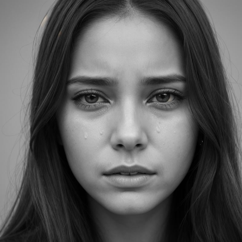 <lora:crying style SD1.5:0.3>a woman with a tear on her face is crying.,1girl,solo,long hair,looking at viewer,monochrome,greyscale,teeth,lips,clenched teeth,portrait,close-up,realistic , crying, sad, teary face, tears, crying style