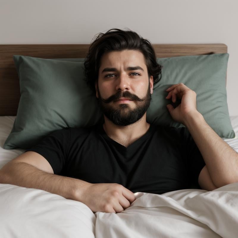 <lora:crying style SD1.5:0.4>a man with a beard is lying on a bed with his mouth open.,solo,looking at viewer,shirt,black hair,1boy,green eyes,male focus,lying,parted lips,teeth,pillow,facial hair,on side,messy hair,beard,realistic,mustache , crying, sad, teary face, tears, crying style