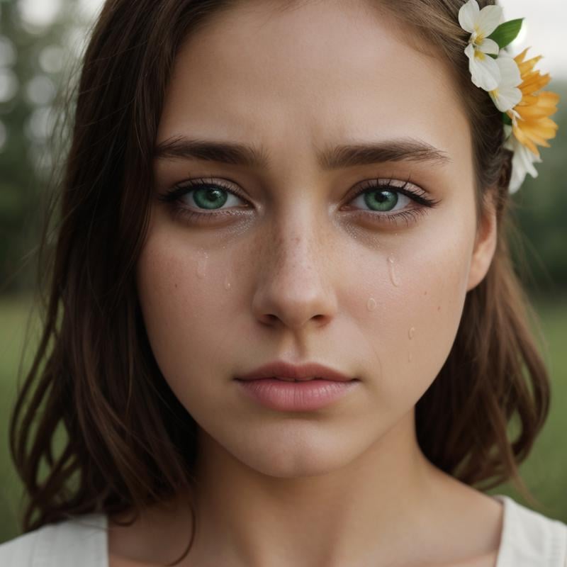 <lora:crying style SD1.5:0.4>a teary woman with a flower in her hair,1girl,solo,looking at viewer,brown hair,hair ornament,brown eyes,green eyes,flower,hair flower,lips,eyelashes,portrait,close-up,freckles,realistic,nose ,melodrama, movie themed, sharp, detailed, epic cinematic photography, artistic, dramatic light, cinematic color style, Kodak film style, crying style