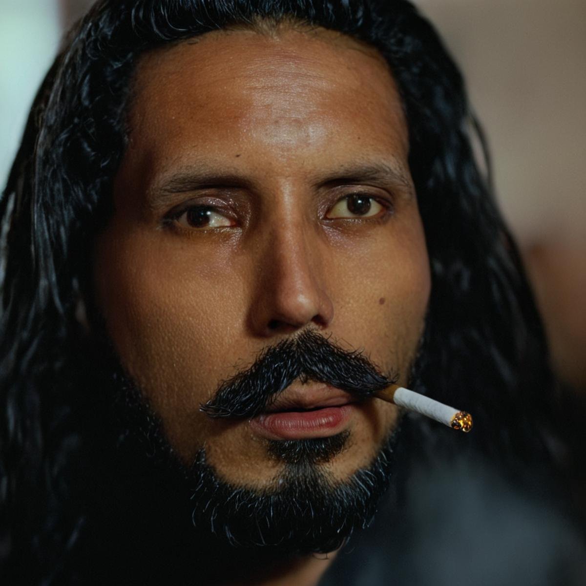 cinematic film still of  <lora:Ron Fricke style v2:1>a man with dreads and a beard is smoking a cigarette,solo,long hair,black hair,1boy,closed eyes,male focus,blurry,blurry background,facial hair,portrait,veil,facing viewer,beard,realistic,mustache , realistic, realism, movie still, film grain, kodak film, film contrast, film color, cinematography, documentary, photography, 70 mm film, 65 mm film, Todd-AO, Todd-AO 35, 8K resolution, Ron Fricke film director style, Ron Fricke film directing style, Ron Fricke style, shallow depth of field, vignette, highly detailed, high budget, bokeh, cinemascope, moody, epic, gorgeous, film grain, grainy