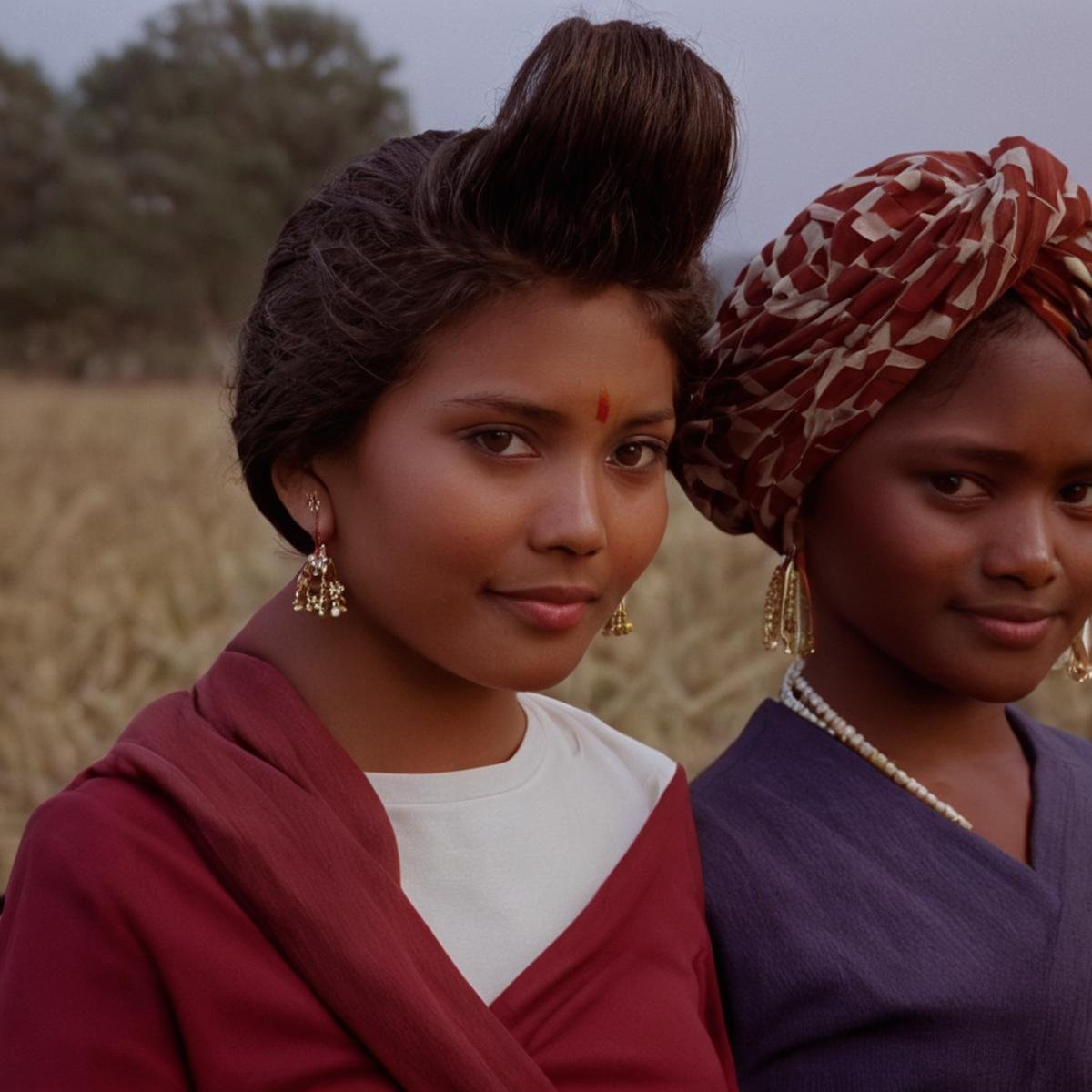 cinematic film still of  <lora:Ron Fricke style v2:0.9>two women standing next to each other in a field,looking at viewer,smile,multiple girls,brown hair,brown eyes,jewelry,closed mouth,upper body,earrings,outdoors,day,dark skin,blurry,dark-skinned female,blurry background,6+girls,realistic,female child,turban , realistic, realism, movie still, film grain, kodak film, film contrast, film color, cinematography, documentary, photography, 70 mm film, 65 mm film, Todd-AO, Todd-AO 35, 8K resolution, Ron Fricke film director style, Ron Fricke film directing style, Ron Fricke style, shallow depth of field, vignette, highly detailed, high budget, bokeh, cinemascope, moody, epic, gorgeous, film grain, grainy