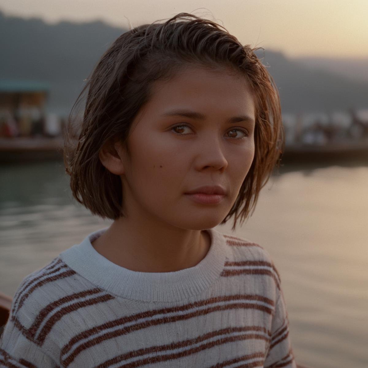 UHD, 4k, ultra detailed, cinematic, a photograph of  <lora:Ron Fricke style v2:0.8> In  Ron Fricke style, Todd-AO 35, Anamorphic bokeh style of a woman sitting on a boat with a man standing behind her, detailed style, sharp style, perfection style, cinematic style, film style, kodak style, fujifilm style, 35mm film style, oval bokeh style, anamorphic blur background style, special effect bokeh style, anamorphic lens distortion style, anamorphic film style, anamorphic bokeh style, 1girl, long hair, brown hair, shirt, 1boy, closed mouth, outdoors, water, blurry, sweater, depth of field, blurry background, ocean, letterboxed, realistic, striped shirt, old woman, wrinkled skin, male focus, epic, beautiful lighting, inpsiring