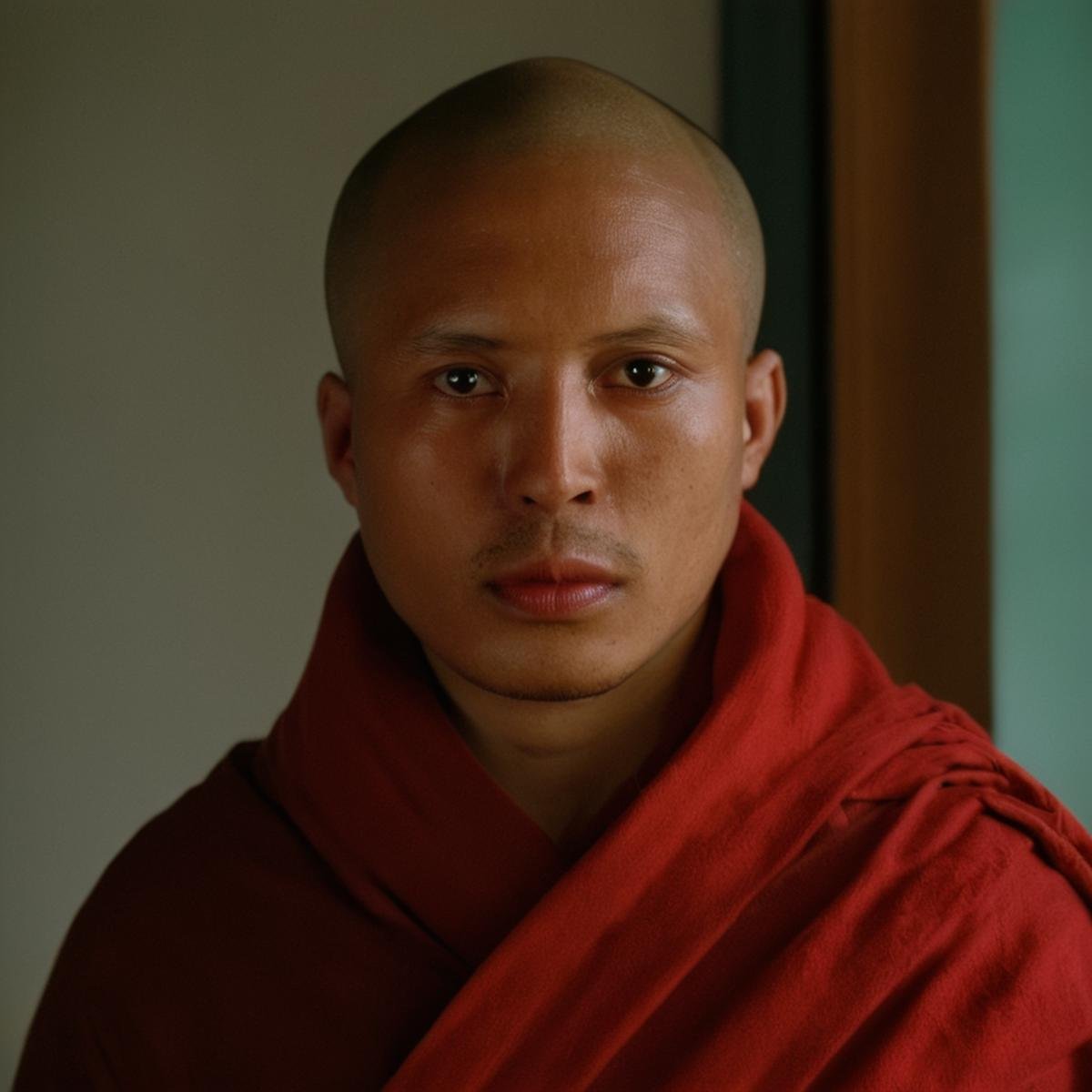 cinematic film still of  <lora:Ron Fricke style v2:0.9>a monk with a red robe on,solo,looking at viewer,1boy,brown eyes,closed mouth,male focus,scarf,blurry,lips,blurry background,portrait,red scarf,realistic,bald , realistic, realism, movie still, film grain, kodak film, film contrast, film color, cinematography, documentary, photography, 70 mm film, 65 mm film, Todd-AO, Todd-AO 35, 8K resolution, Ron Fricke film director style, Ron Fricke film directing style, Ron Fricke style, shallow depth of field, vignette, highly detailed, high budget, bokeh, cinemascope, moody, epic, gorgeous, film grain, grainy