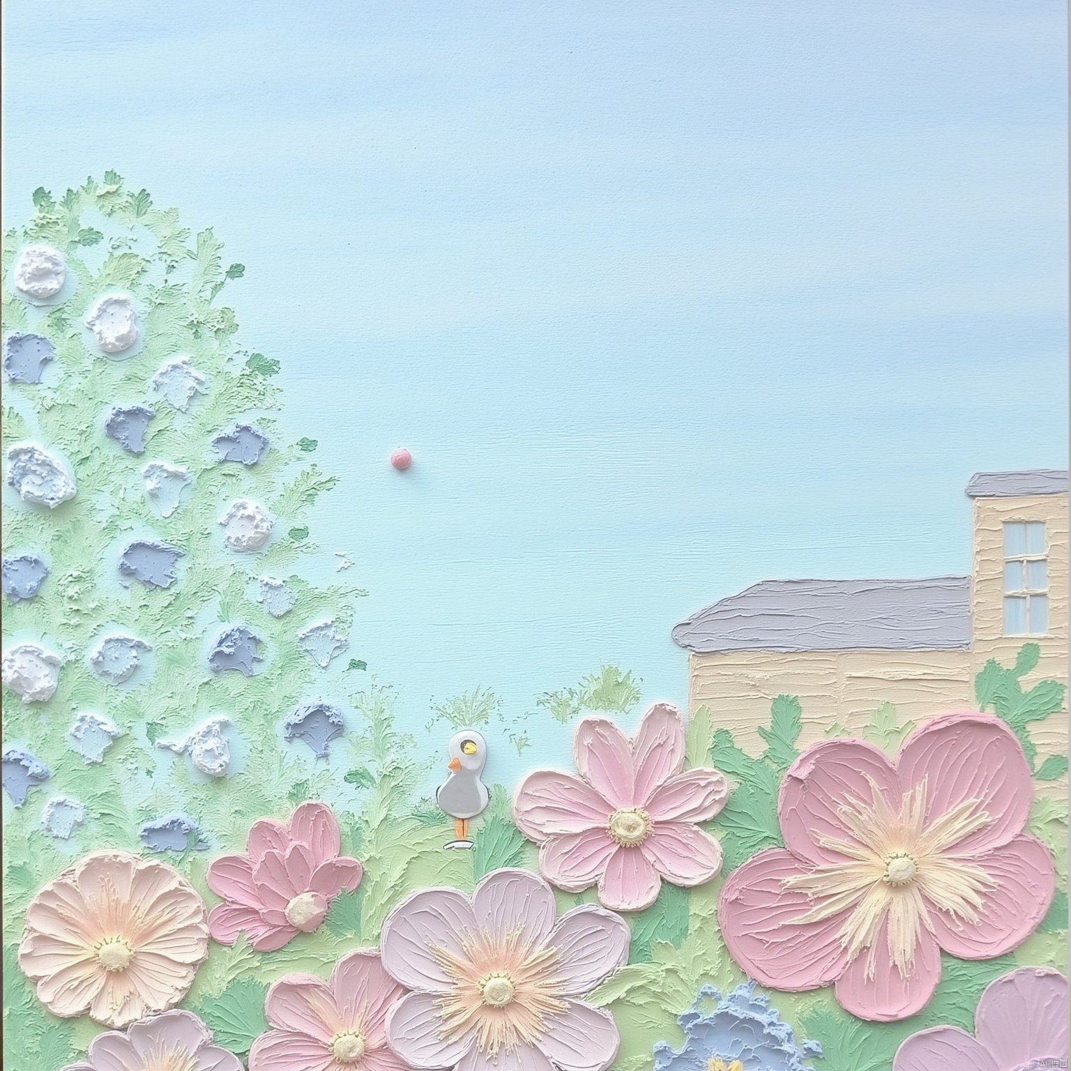 flower, outdoors, sky, tree, no humans, window, bird, building, scenery, house,oil painting style.,Xsysh