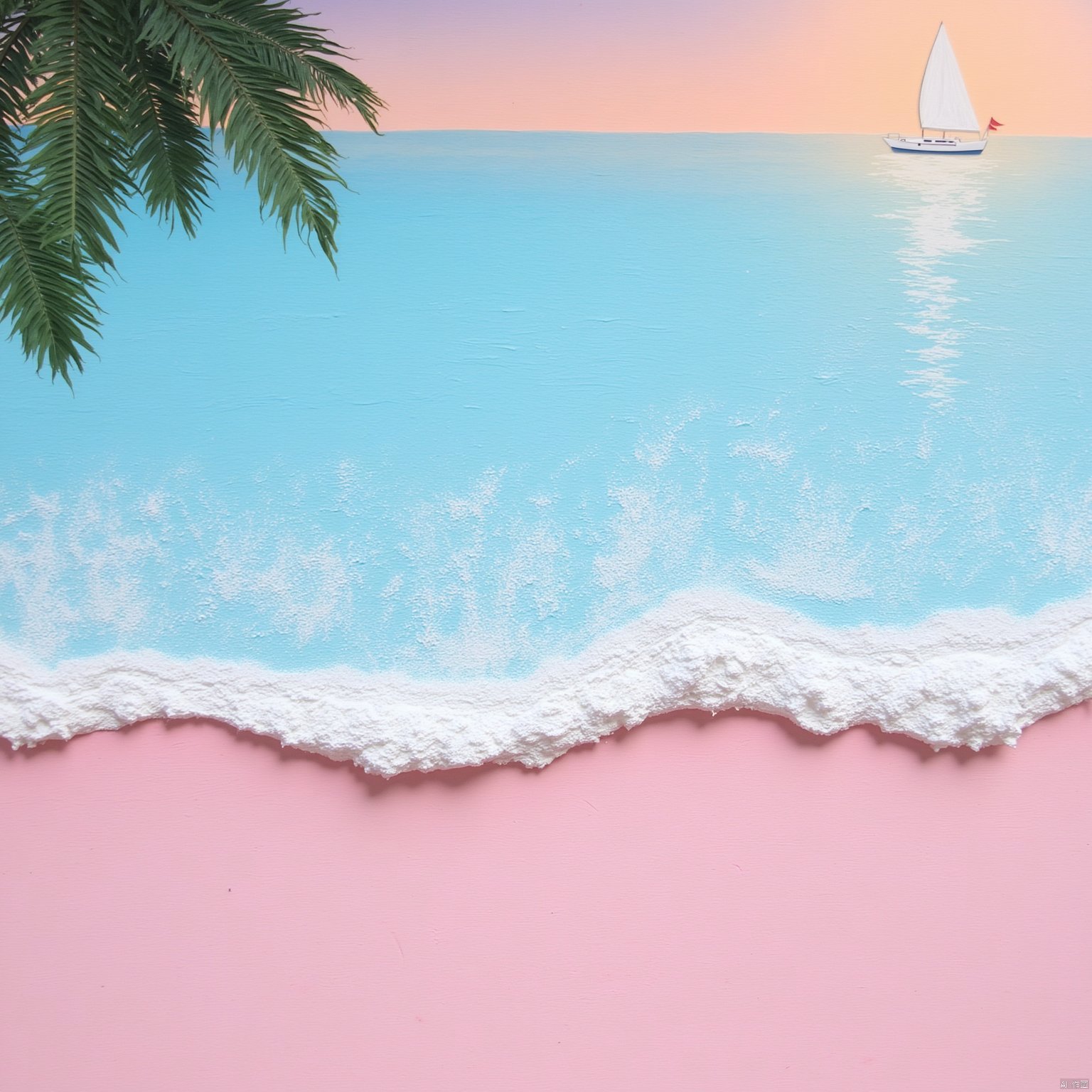 Best quality, Realistic, photorealistic, masterpiece,Sea waves, pink beach, coconut trees, sailboat, sunset,Xsysh