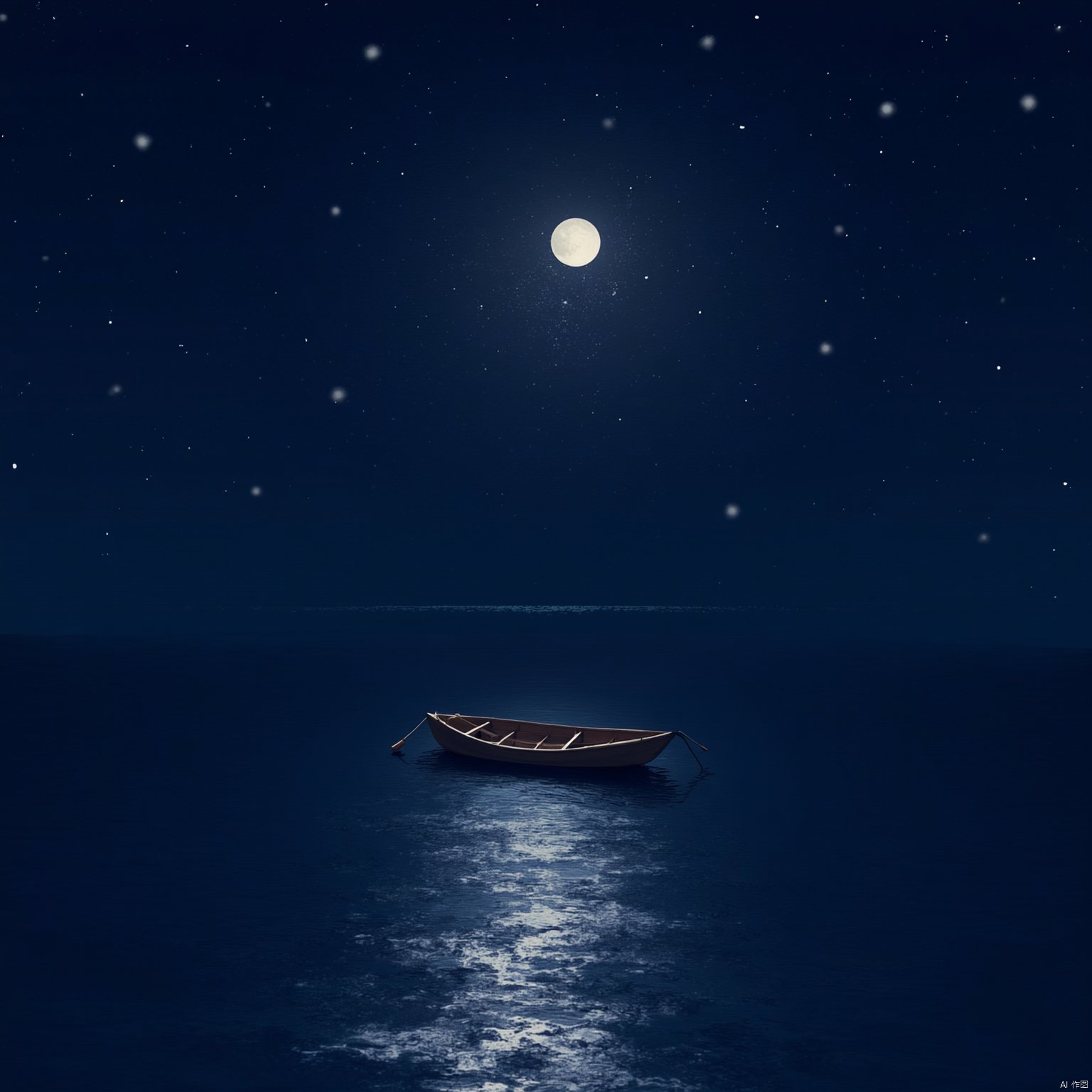 Deep night,serene lake,small wooden boat,starry sky,reflections of stars in the lake,boat floating as if on a milky way, dark color tones,soft moonlight,subtle ripples in the water,calm atmosphere,tranquil solitude,impressionistic style, (masterpiece, best quality, perfect composition, very aesthetic, absurdres, ultra-detailed, intricate details, Professional, official art, Representative work:1.3),1girl,Xsysh