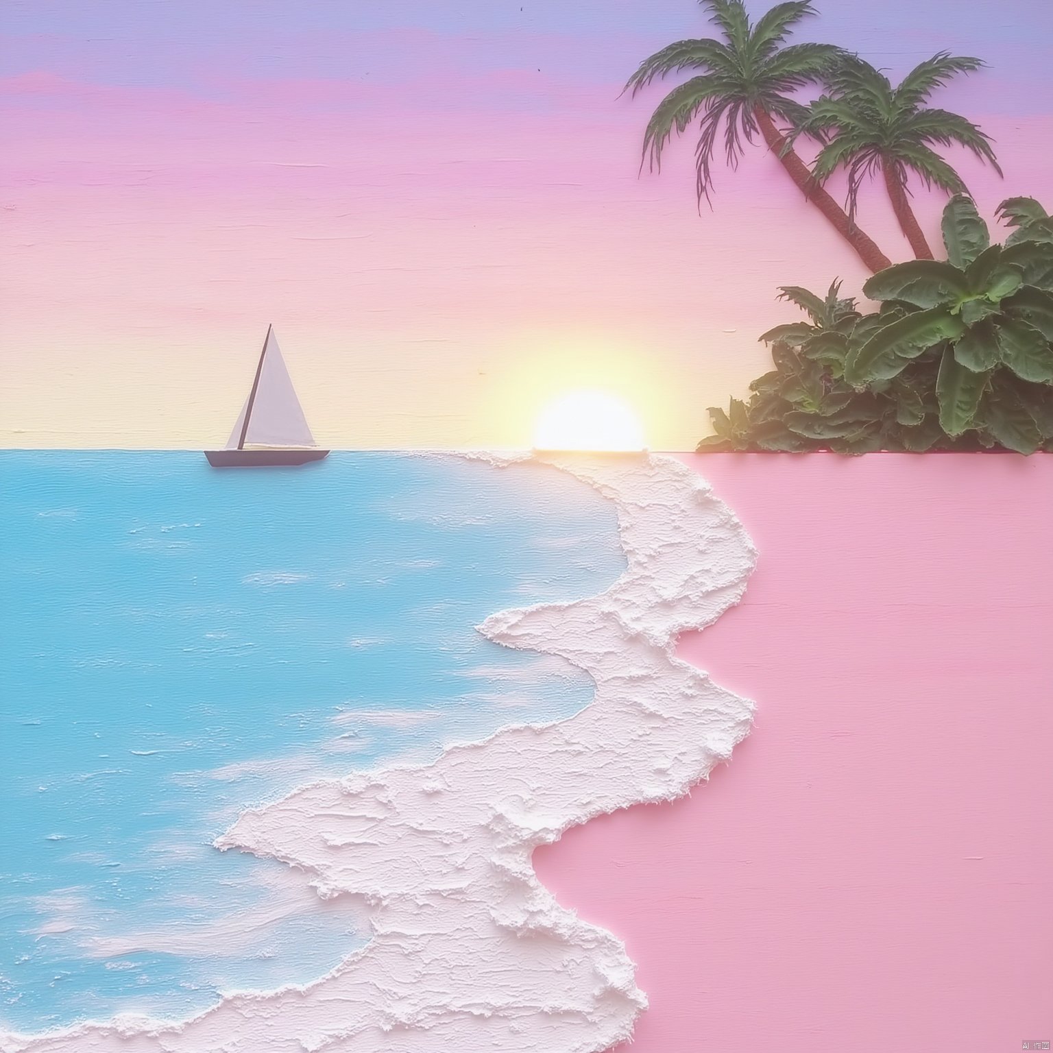 Best quality, Realistic, photorealistic, masterpiece,Sea waves, pink beach, coconut trees, sailboat, sunset,Xsysh