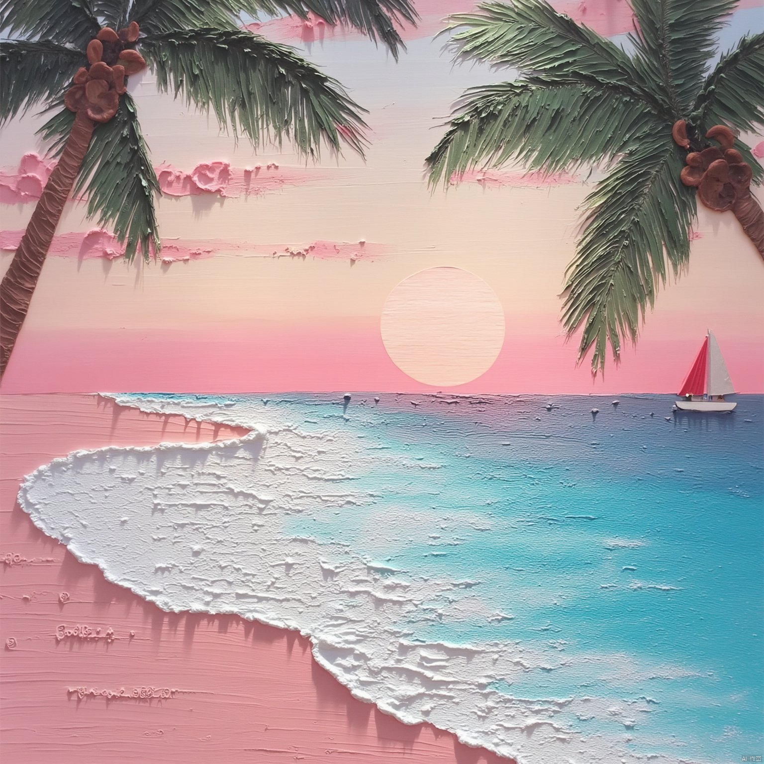 Best quality, Realistic, photorealistic, masterpiece,Sea waves, pink beach, coconut trees, sailboat, sunset,Xsysh