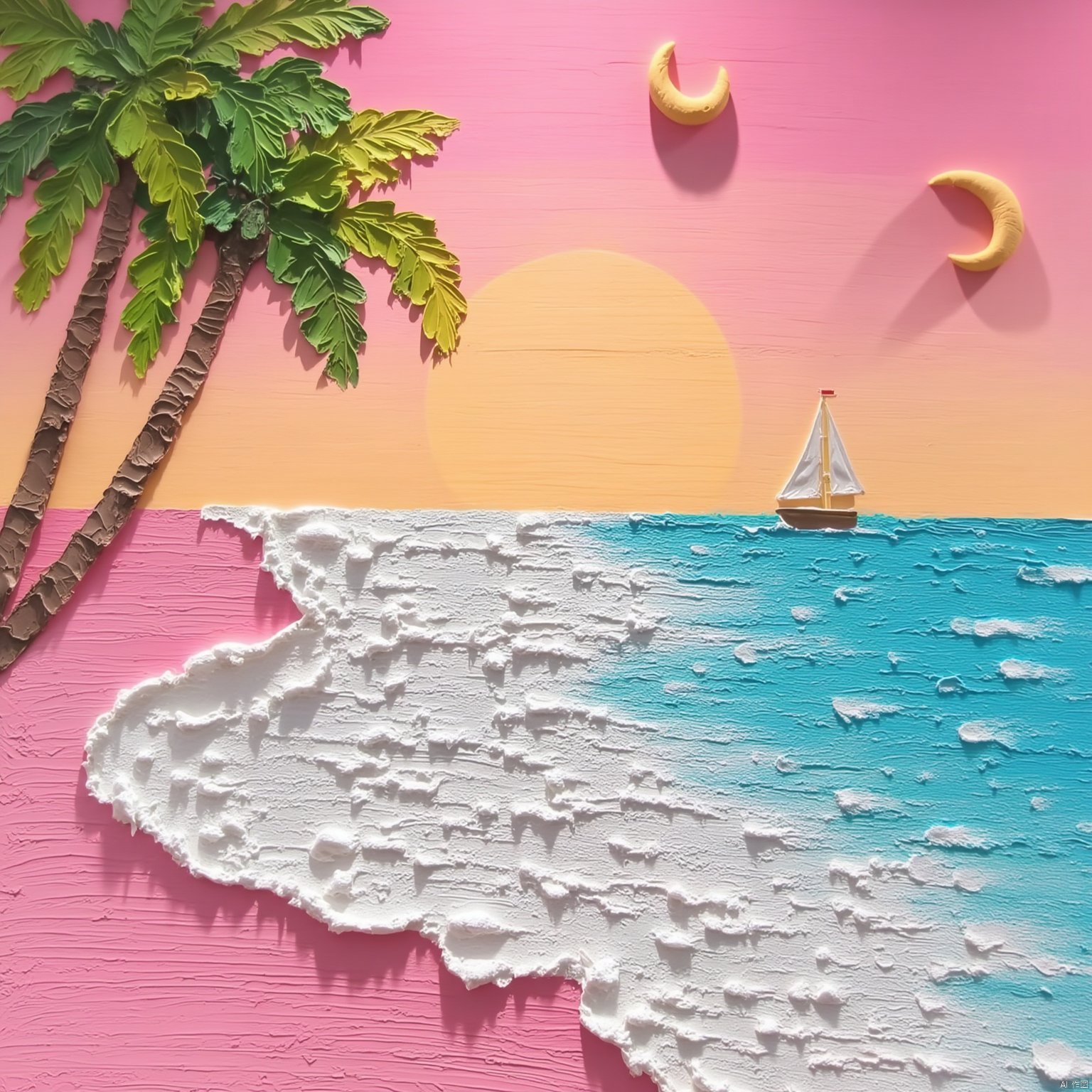 Best quality, Realistic, photorealistic, masterpiece,Sea waves, pink beach, coconut trees, sailboat, sunset,Xsysh