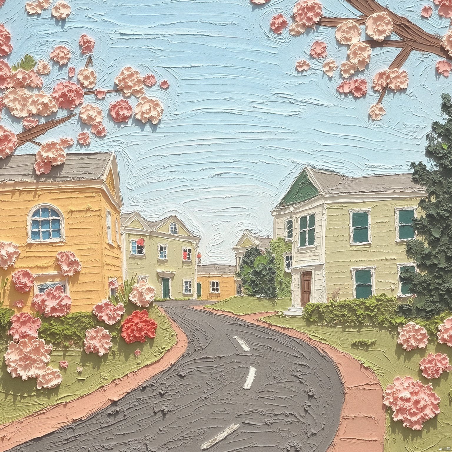 flower, outdoors, sky, tree, no humans, window, bird, building, scenery, house,oil painting style.,Xsysh