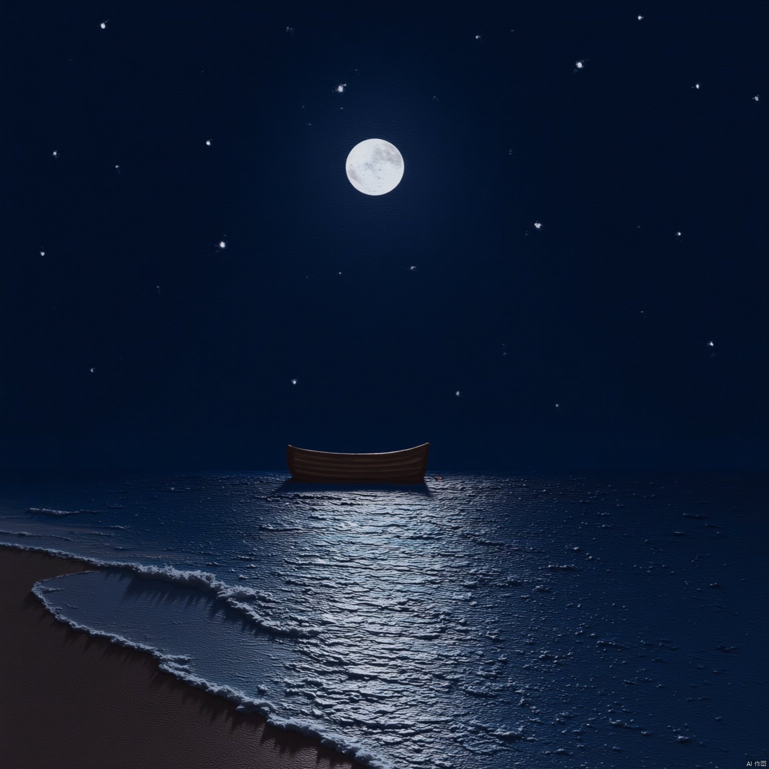 Deep night,serene lake,small wooden boat,starry sky,reflections of stars in the lake,boat floating as if on a milky way, dark color tones,soft moonlight,subtle ripples in the water,calm atmosphere,tranquil solitude,impressionistic style, (masterpiece, best quality, perfect composition, very aesthetic, absurdres, ultra-detailed, intricate details, Professional, official art, Representative work:1.3),1girl,Xsysh